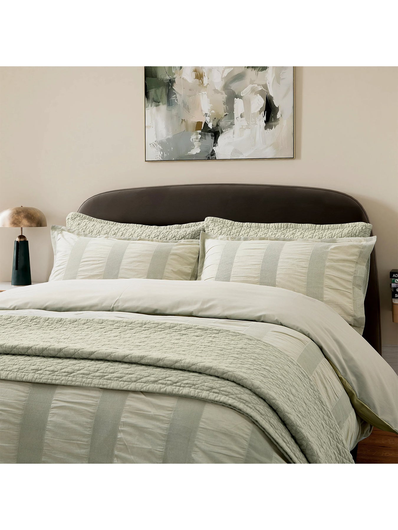 Woven Waffle Stripe Double Duvet Cover Set Sage Green