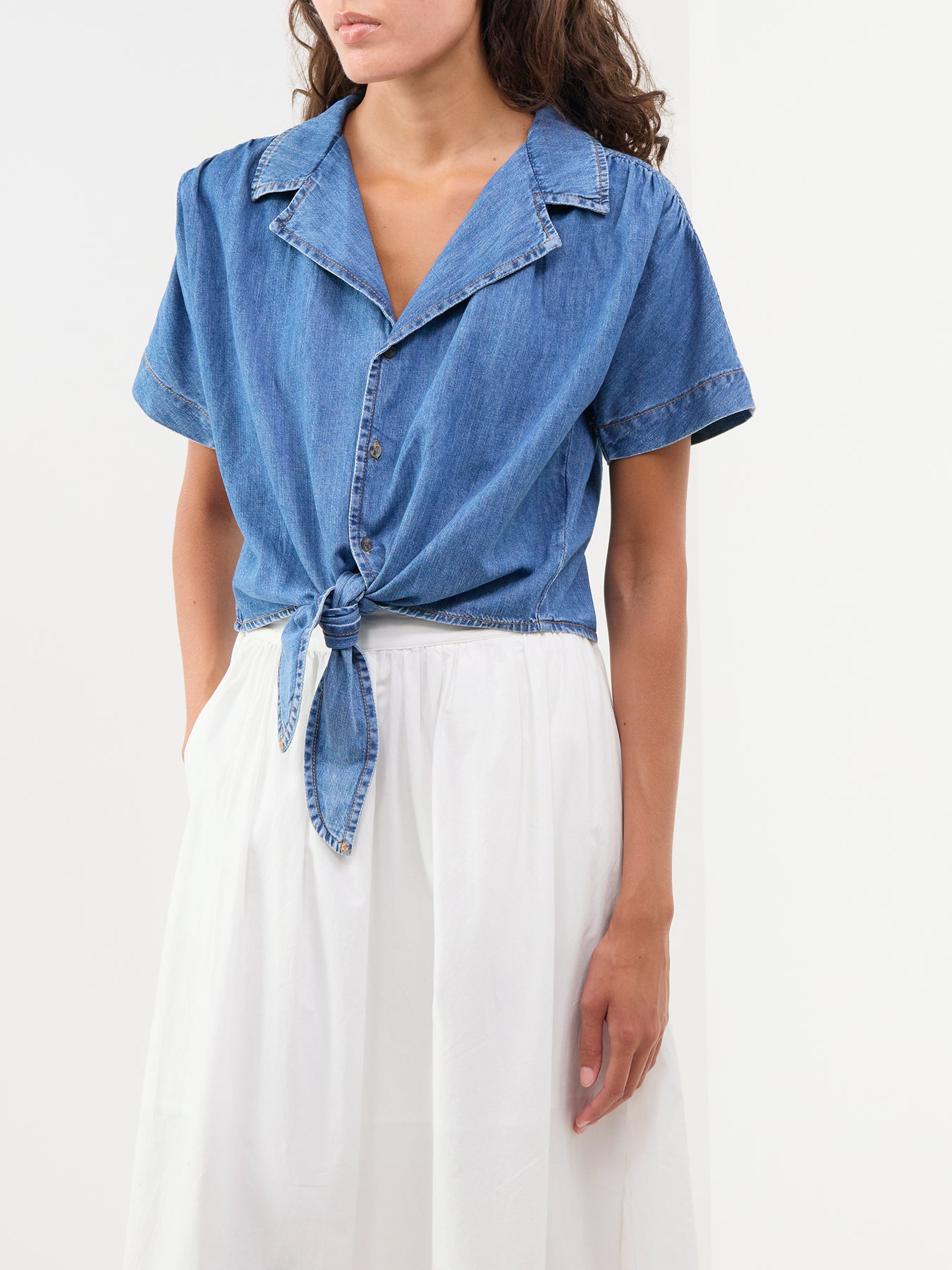 Paula Short Sleeve Tie Denim Shirt Blue