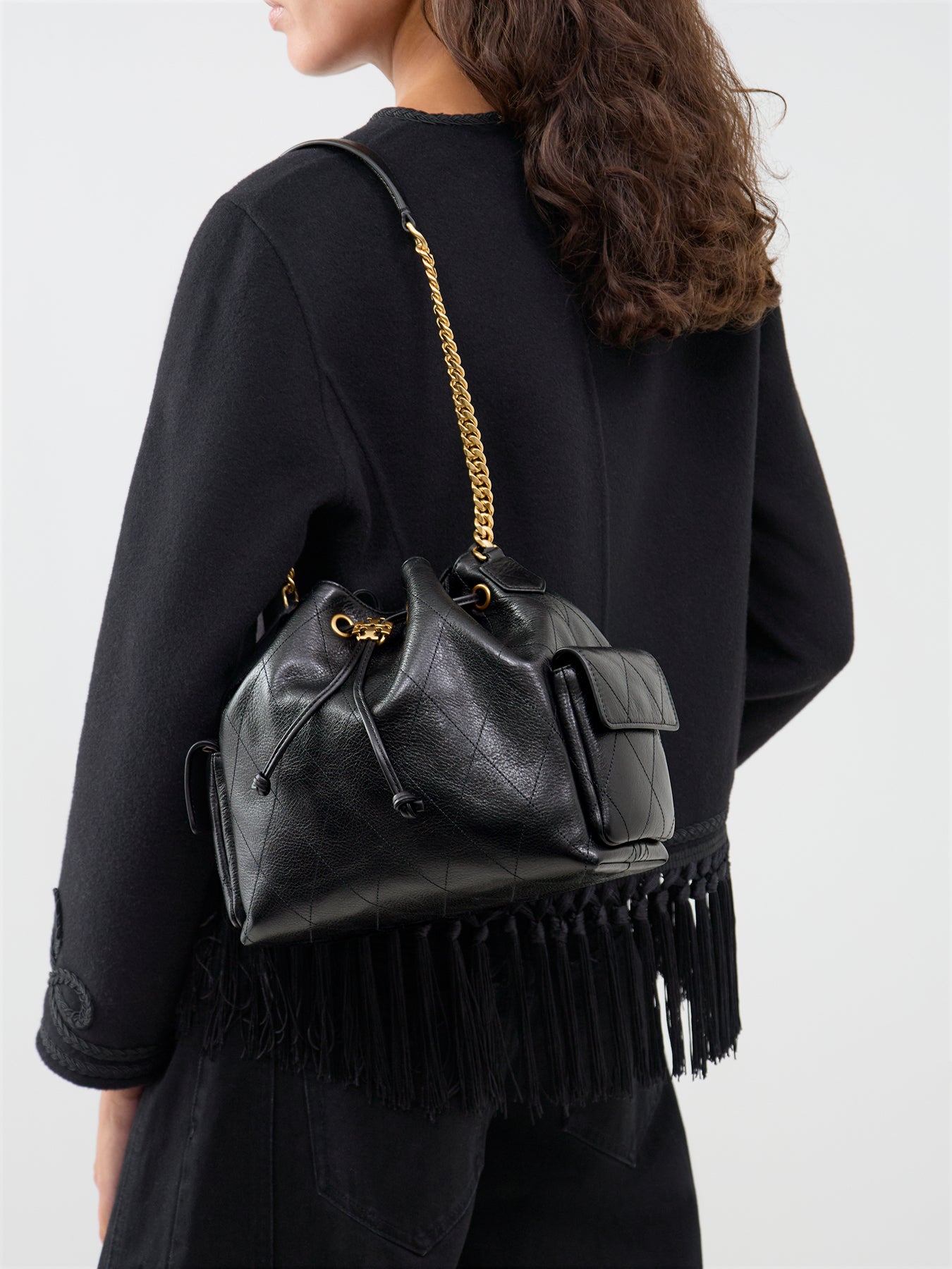 Leather Charlie Quilted Drawstring Bucket Bag