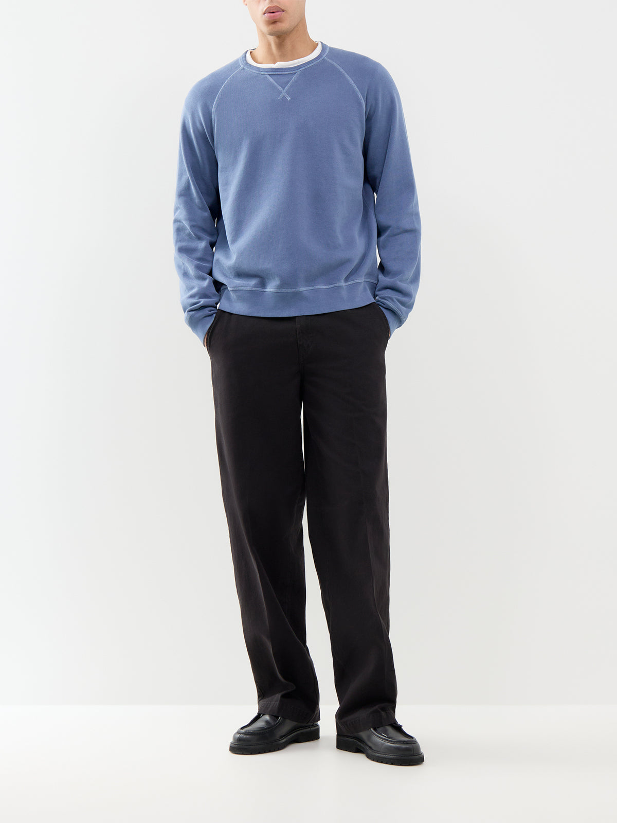 Light Fleece Cotton Crew Neck Sweatshirt - Cobalt