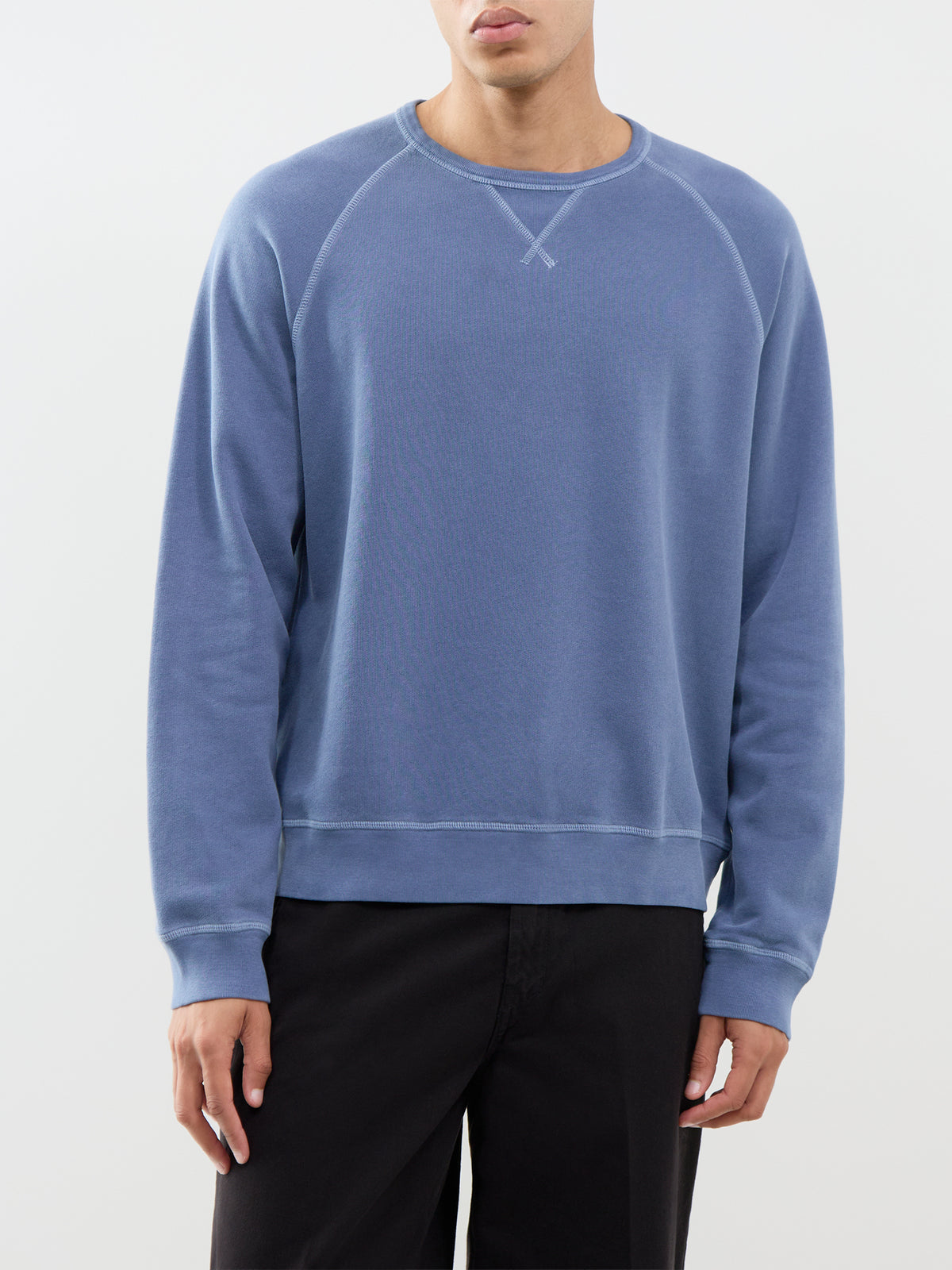 Light Fleece Cotton Crew Neck Sweatshirt - Cobalt