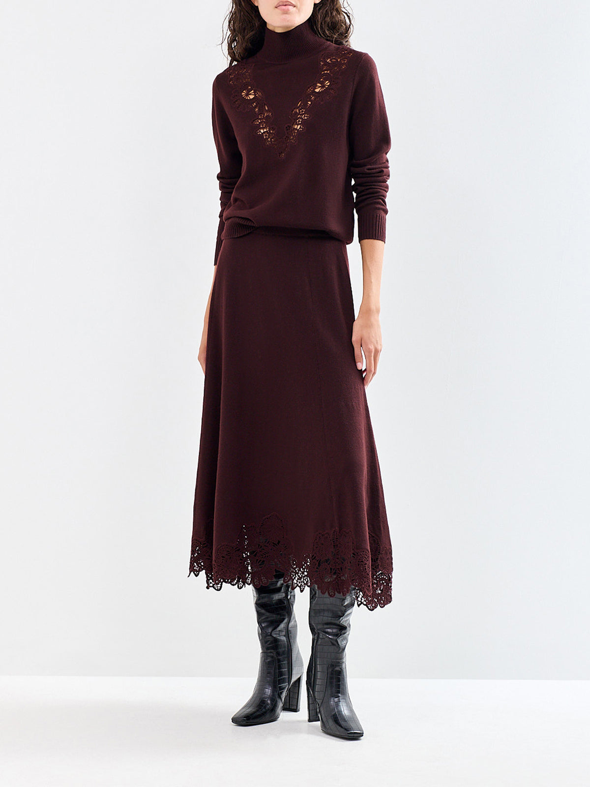 Valiant Merino Lace Wool Midi Skirt Mahogany