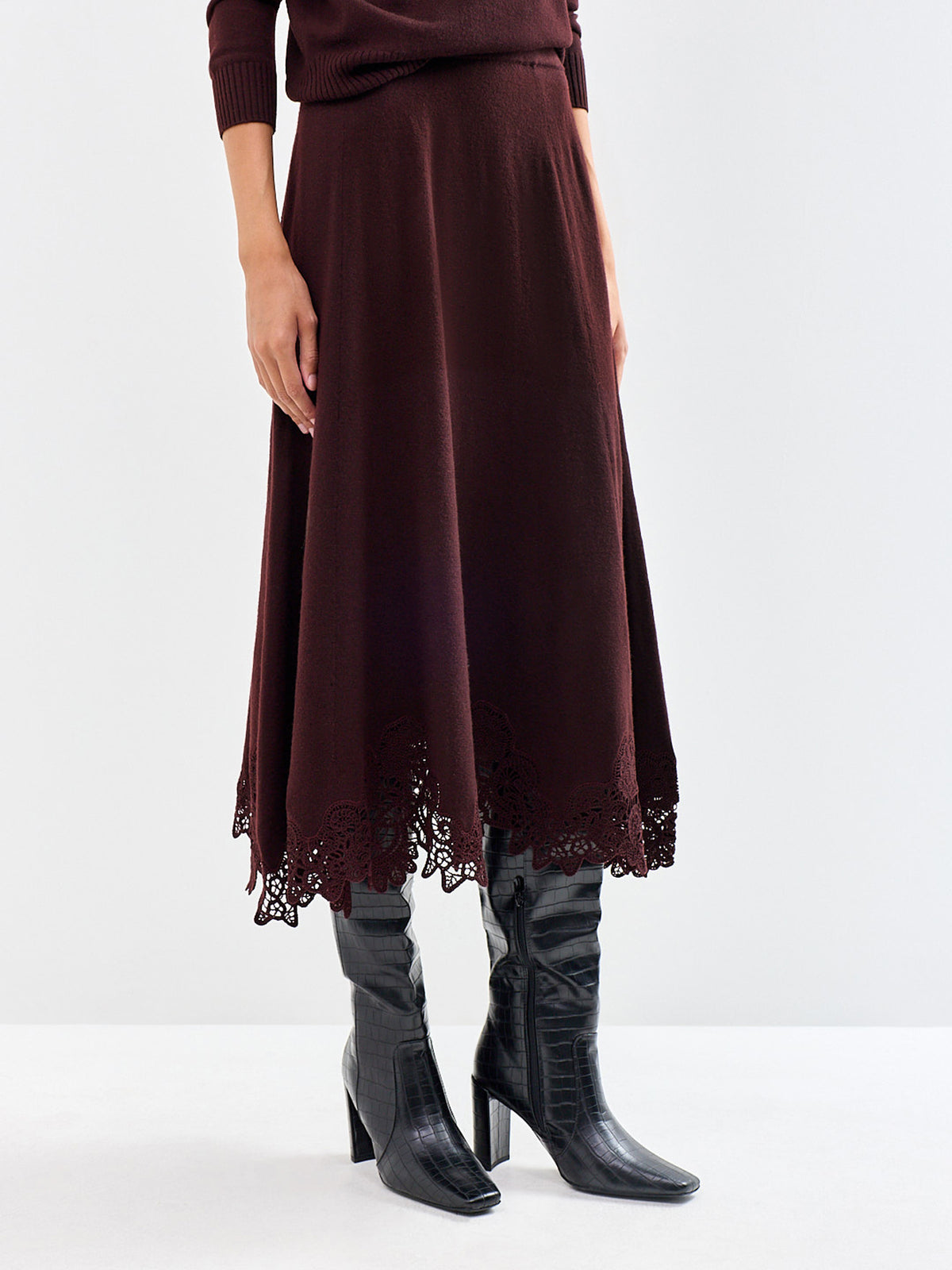 Valiant Merino Lace Wool Midi Skirt Mahogany