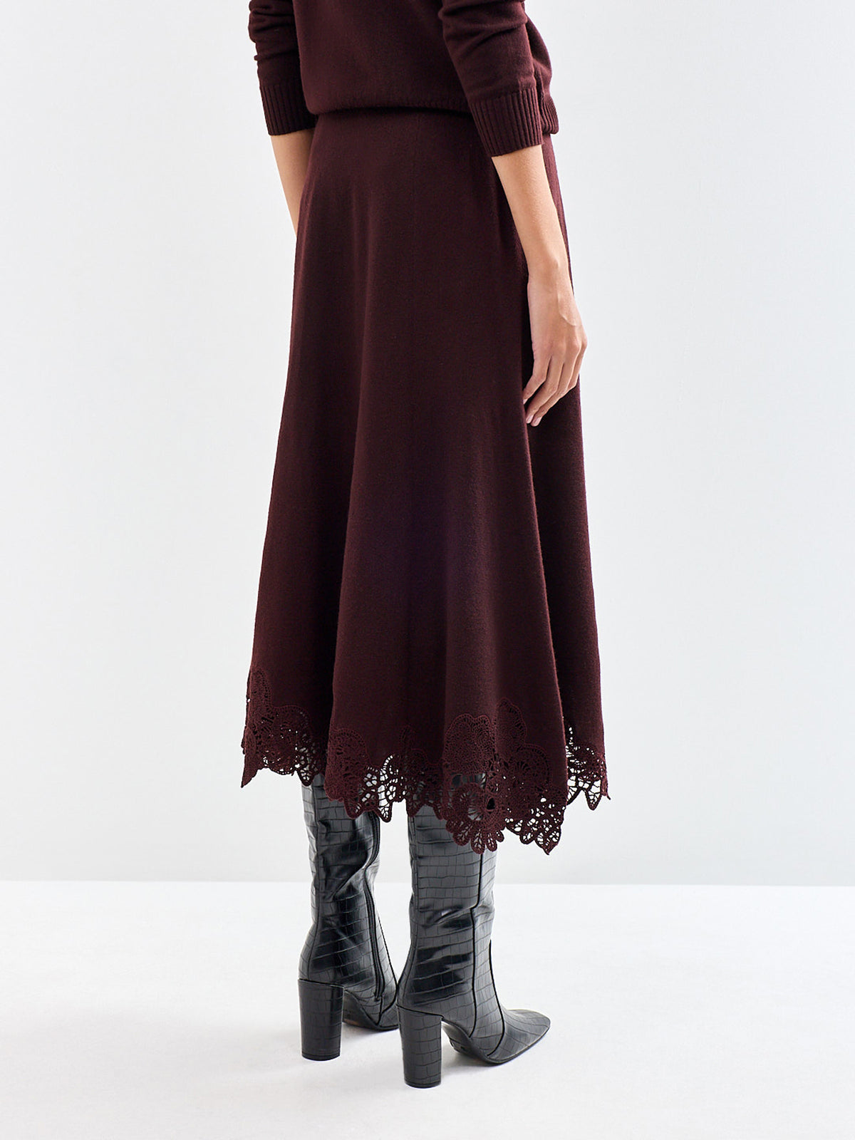 Valiant Merino Lace Wool Midi Skirt Mahogany