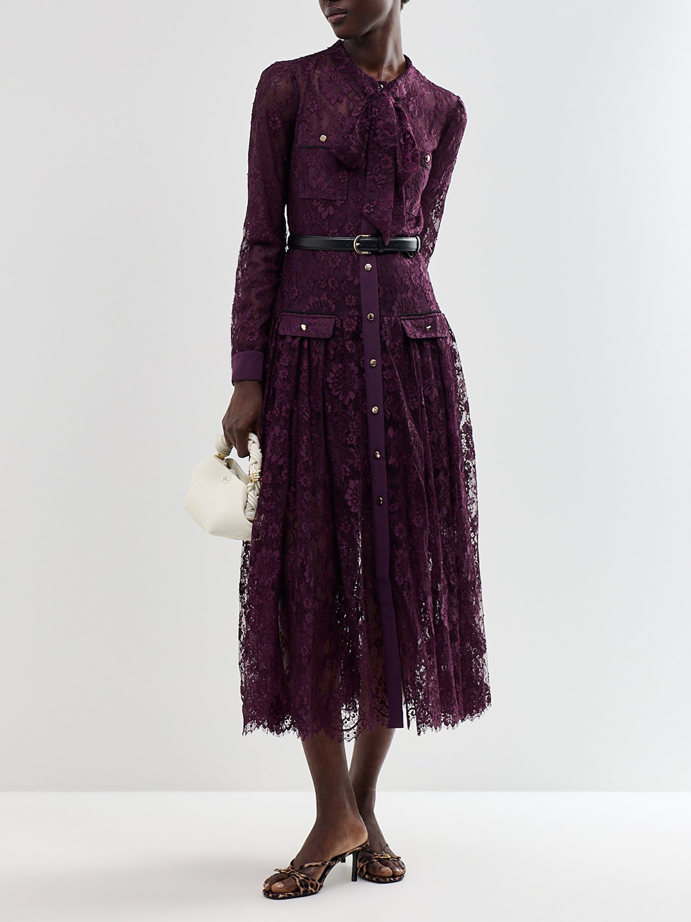 Purple Lace Tie Neck Midi Dress