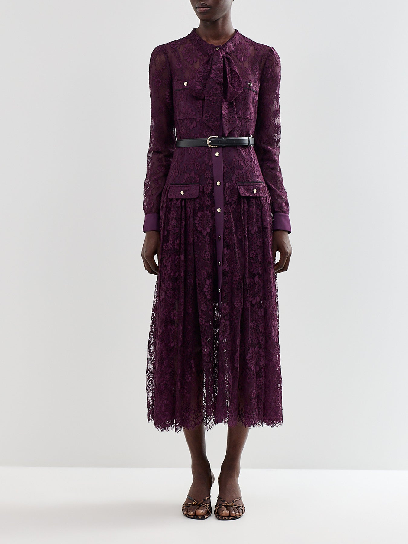 Purple Lace Tie Neck Midi Dress
