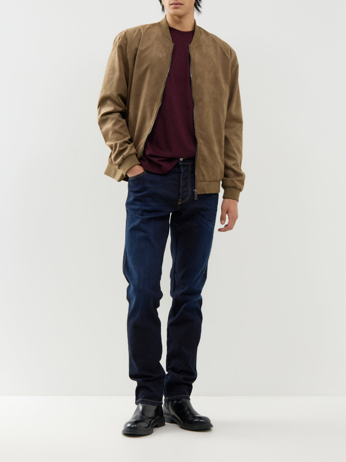 Faux Suede Bomber Jacket – Tan