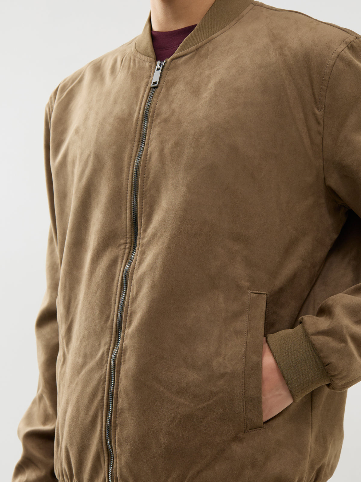 Faux Suede Bomber Jacket – Tan