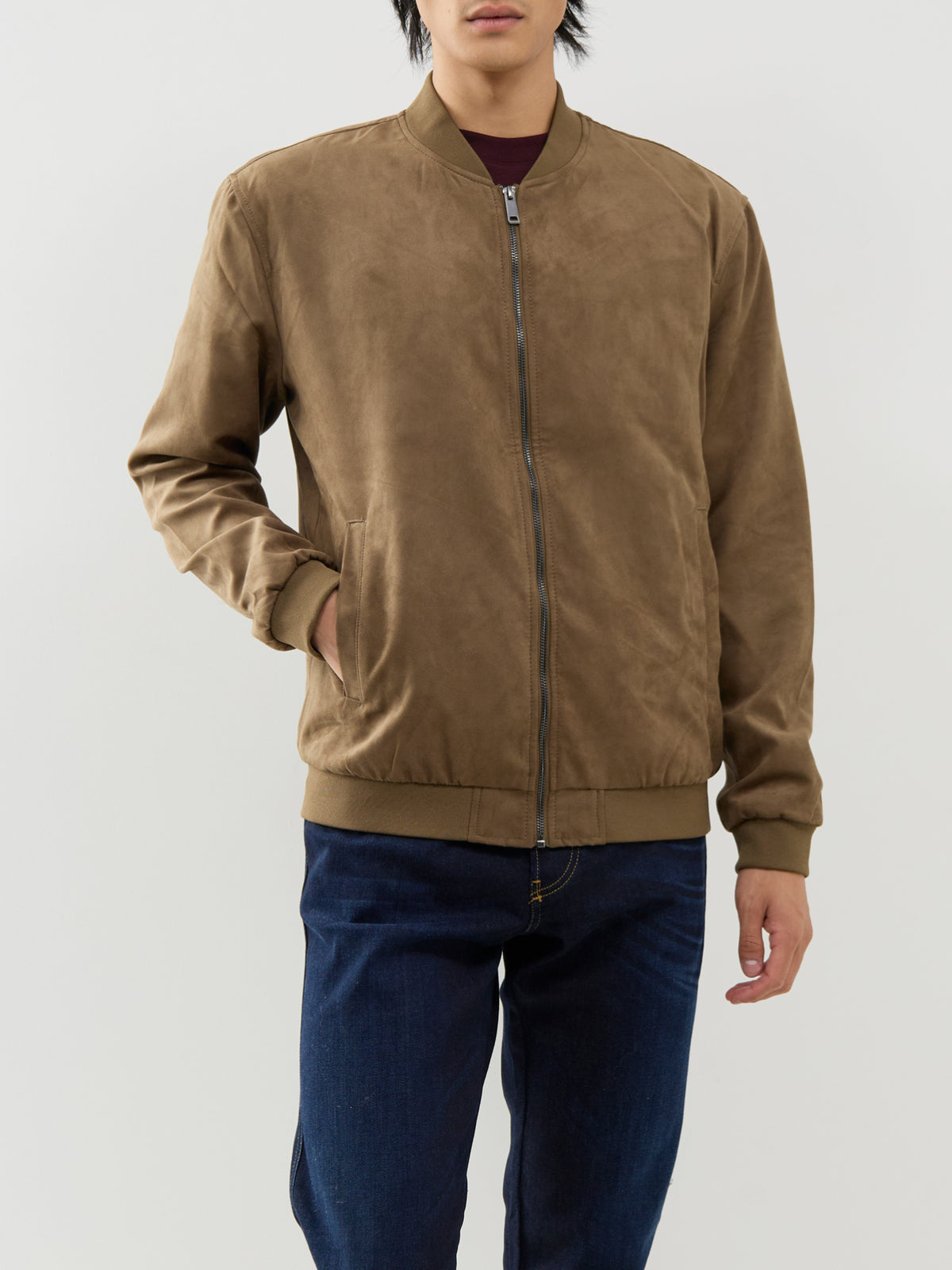 Faux Suede Bomber Jacket – Tan