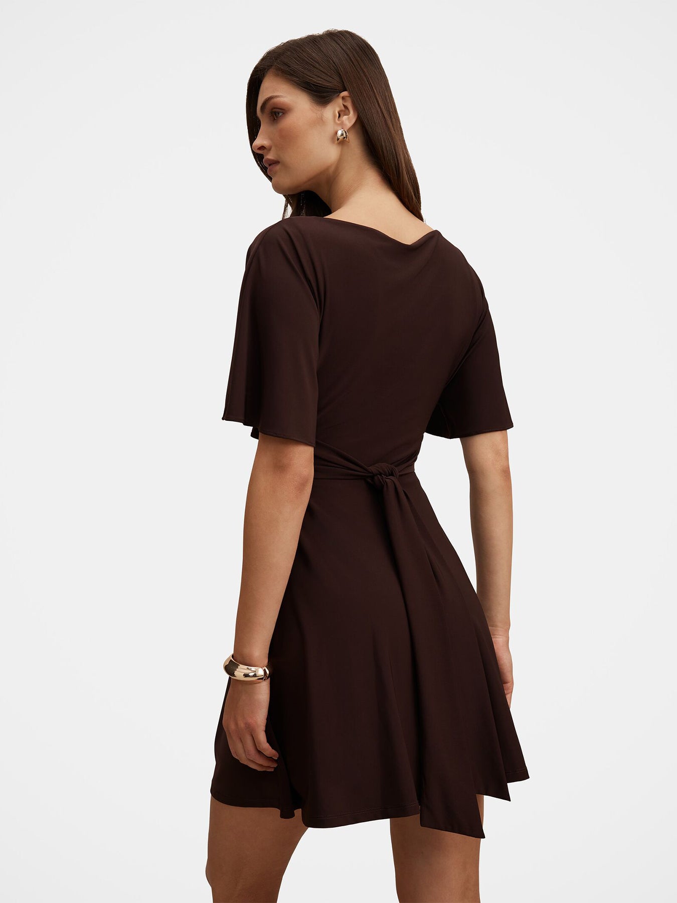 Cora Flutter Sleeve Tie Mini Dress Brown