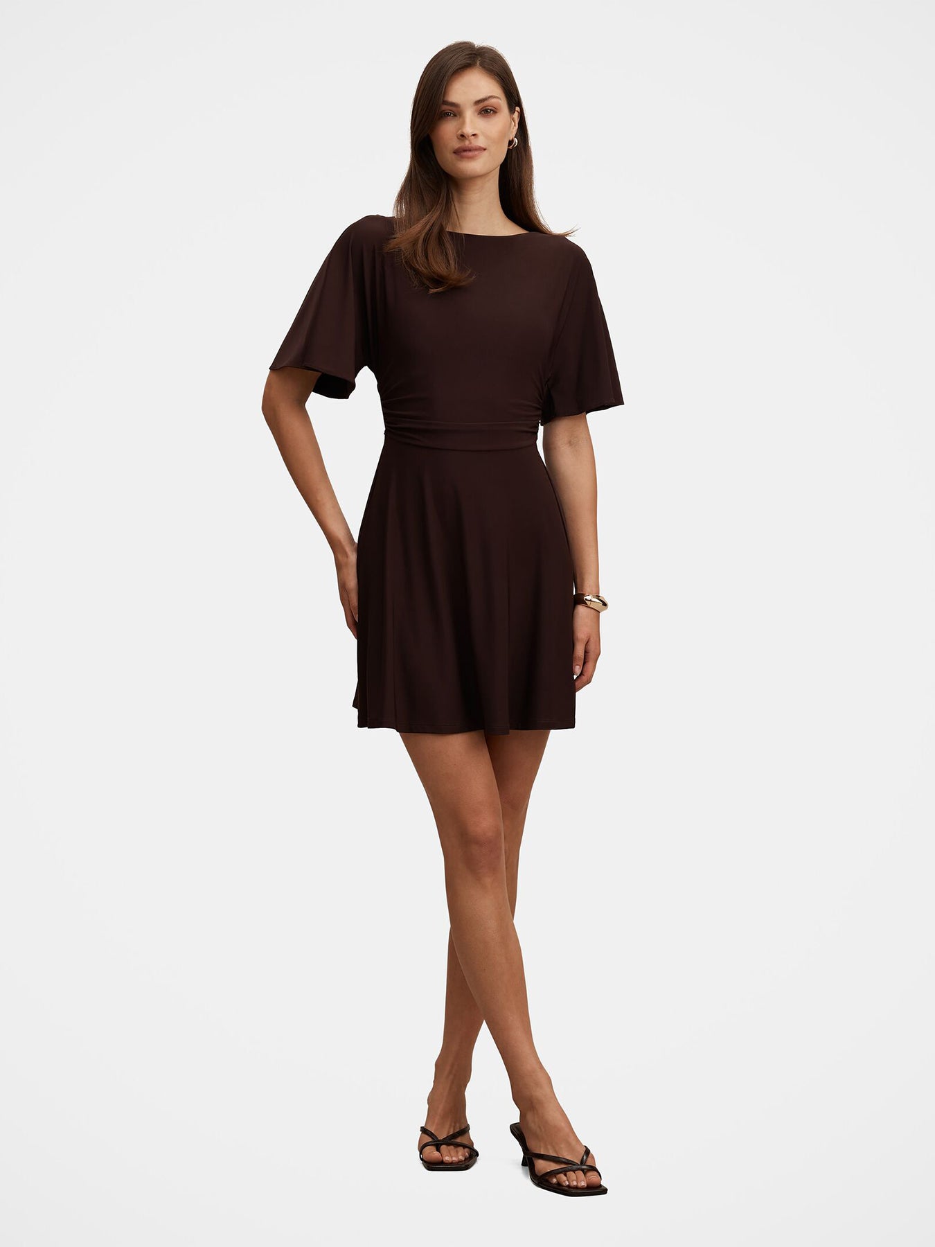 Cora Flutter Sleeve Tie Mini Dress Brown
