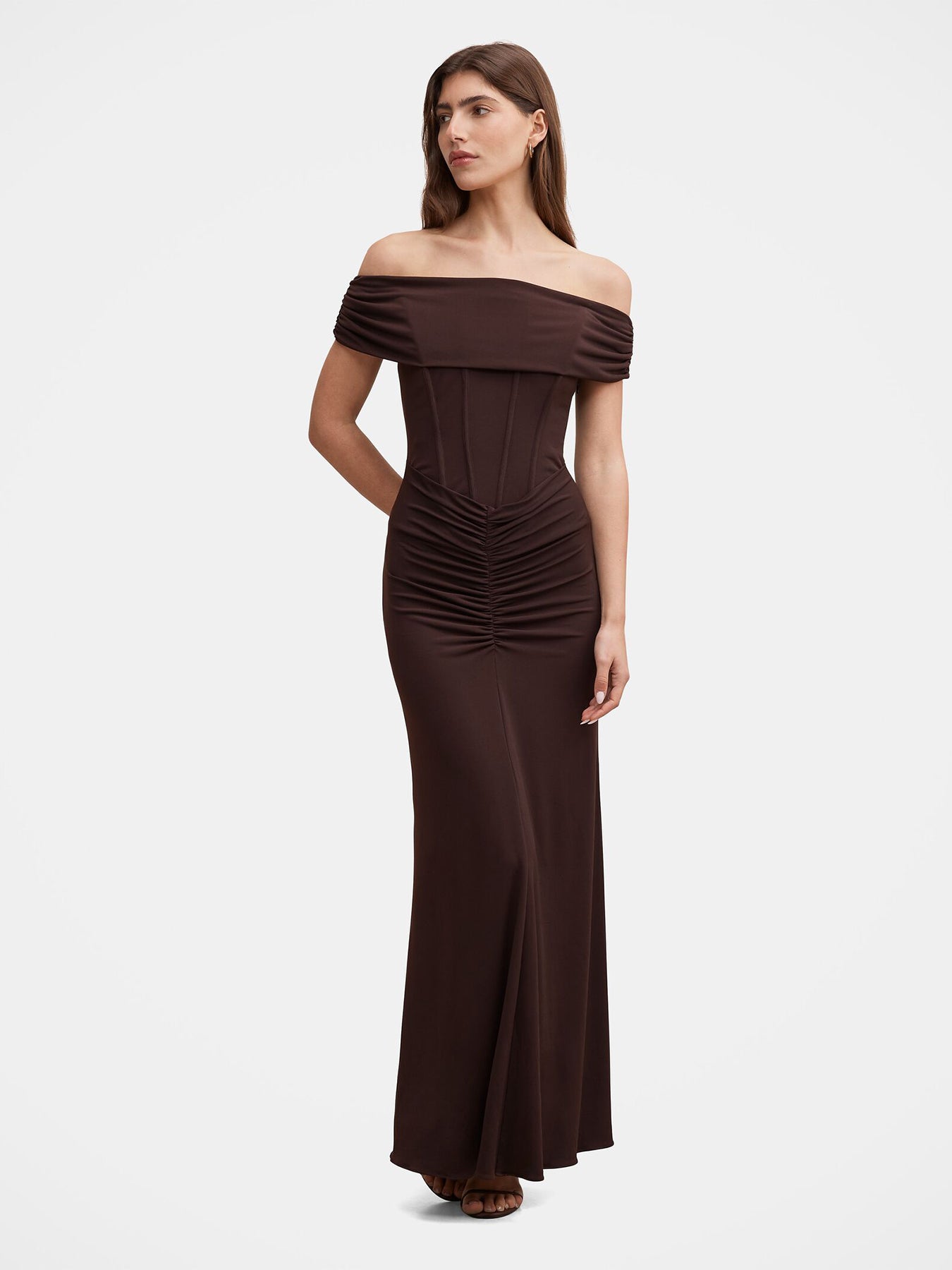 Ania Ruched Bardot Maxi Dress Brown
