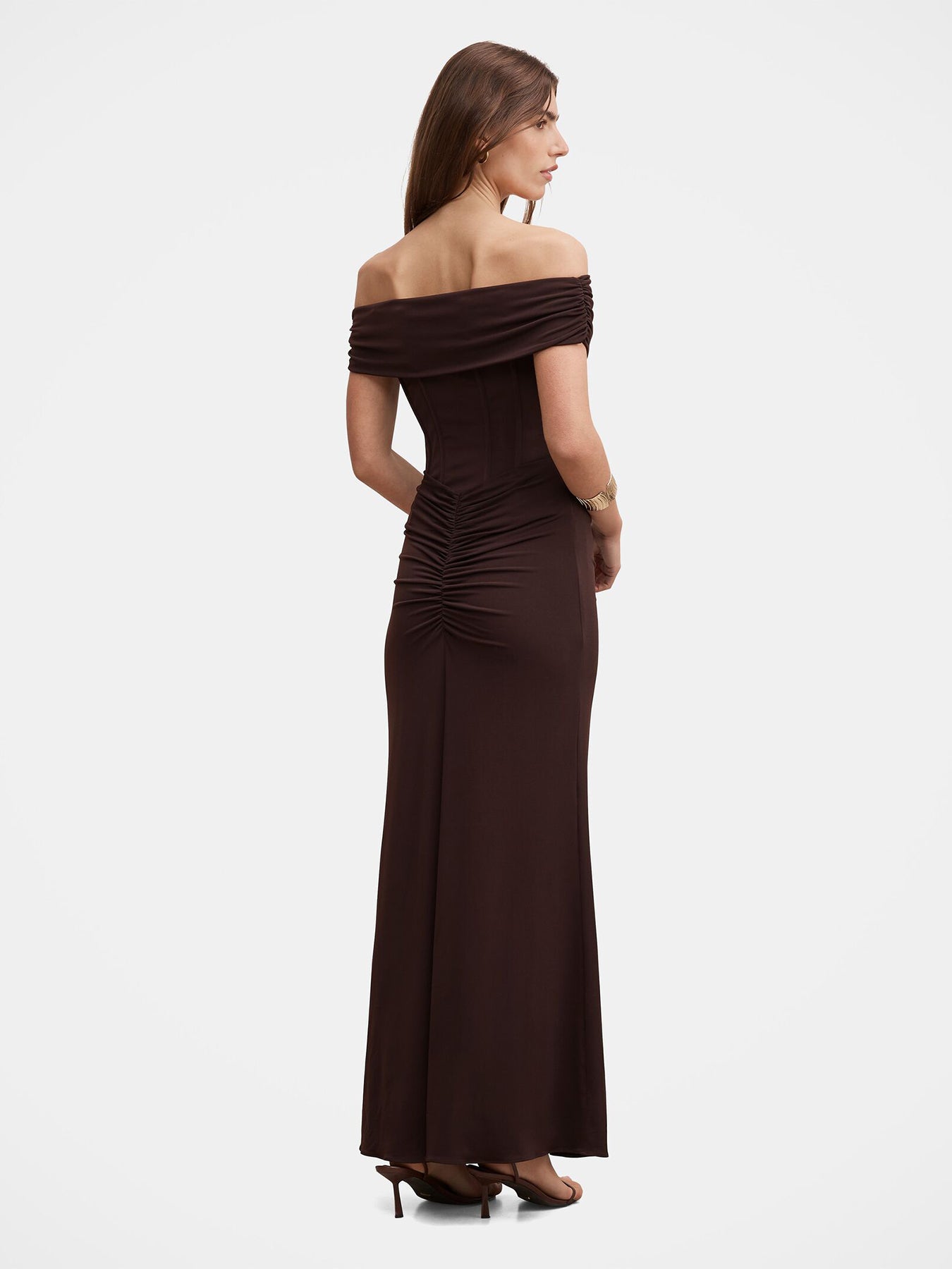 Ania Ruched Bardot Maxi Dress Brown