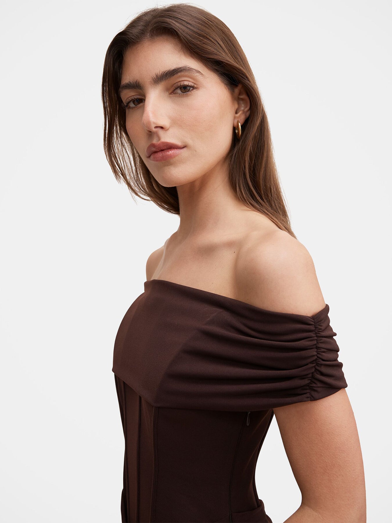 Ania Ruched Bardot Maxi Dress Brown