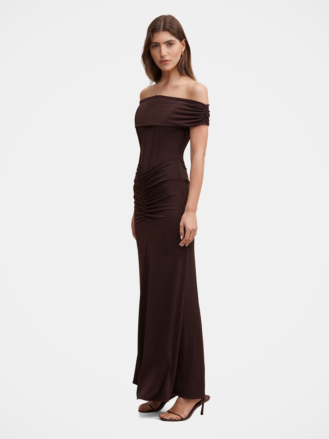 Ania Ruched Bardot Maxi Dress Brown