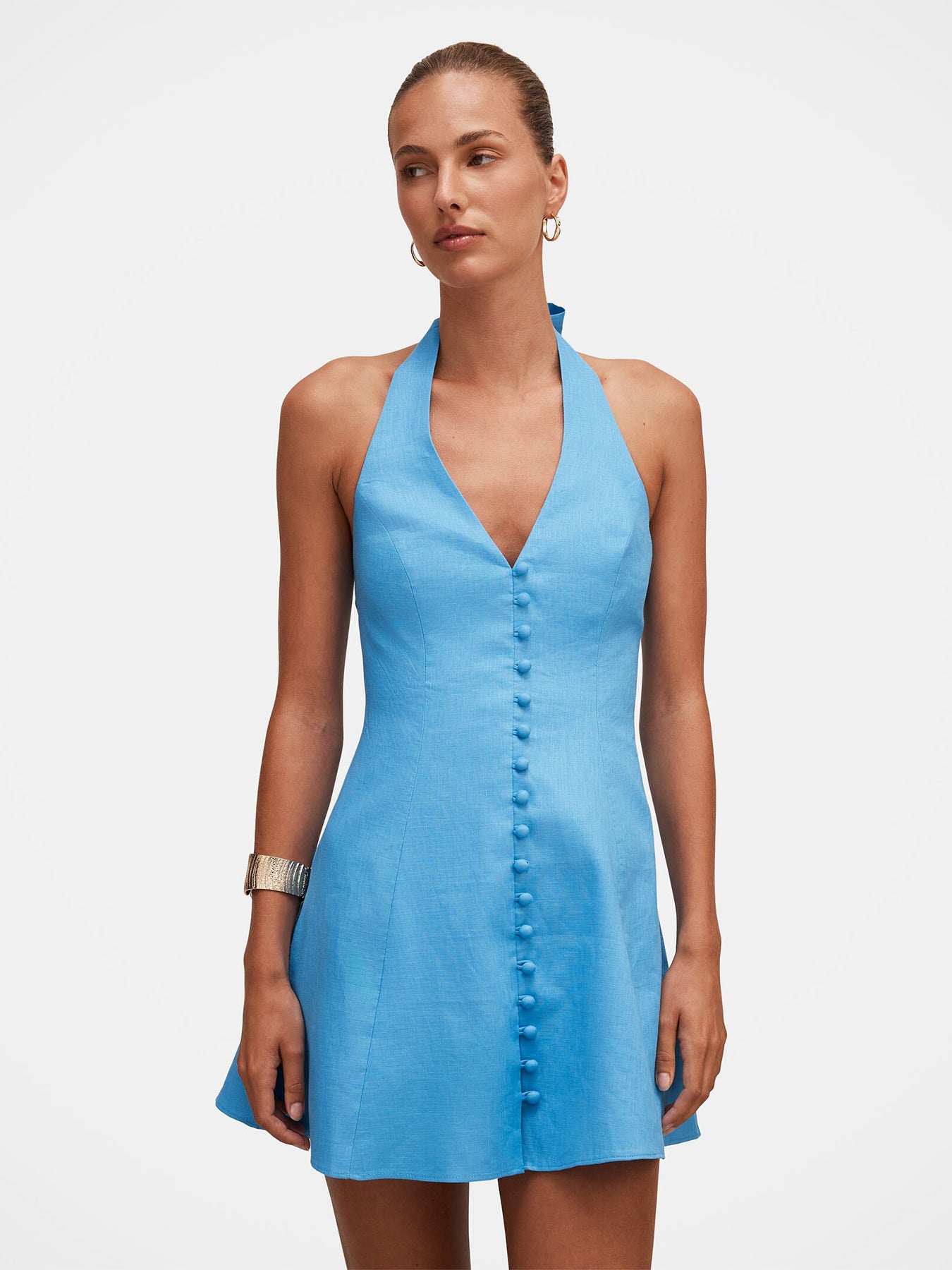 Ina Button Front Halter Neck Mini Dress Blue