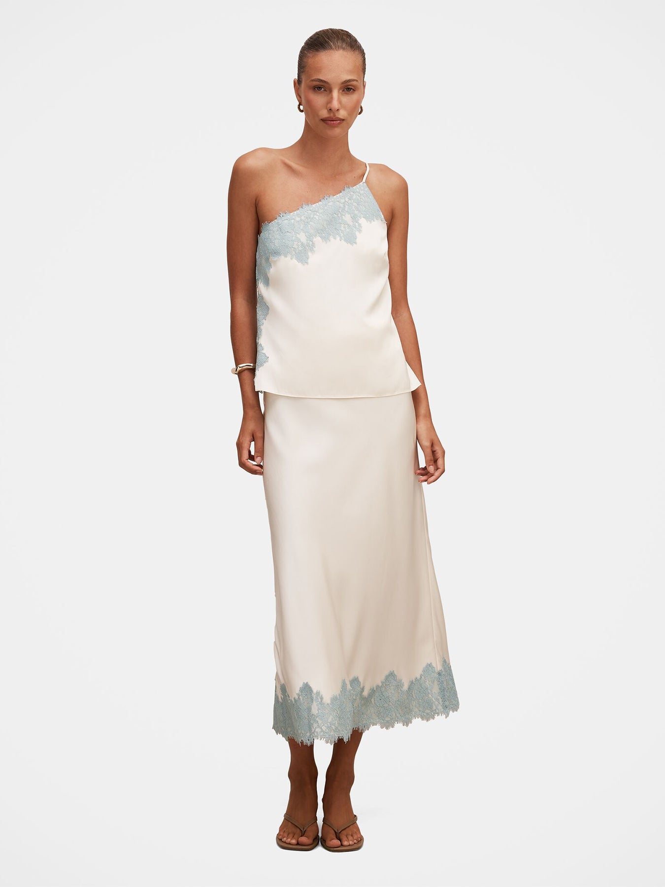 Adele One Shoulder Lace Trim Blouse White
