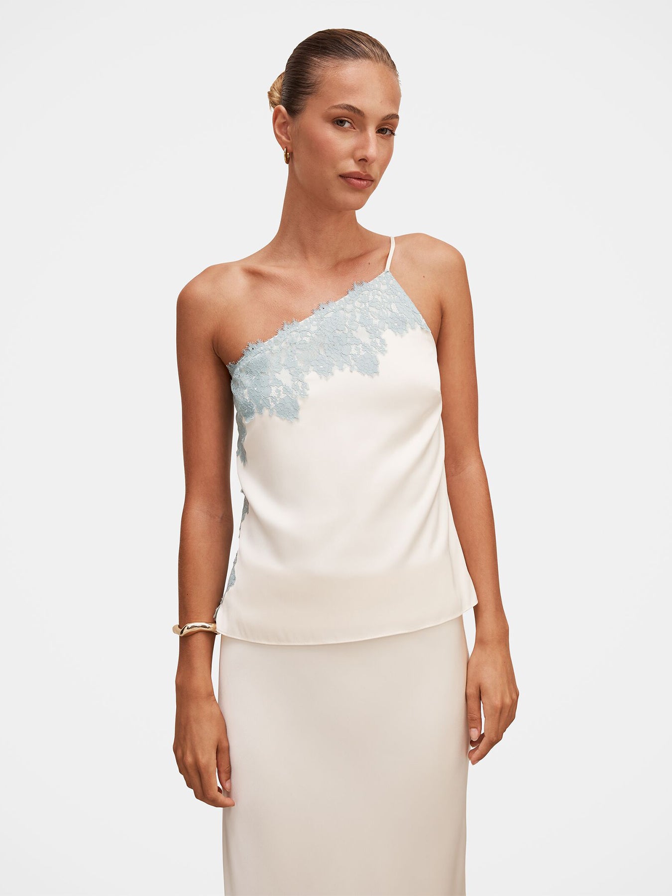 Adele One Shoulder Lace Trim Blouse White