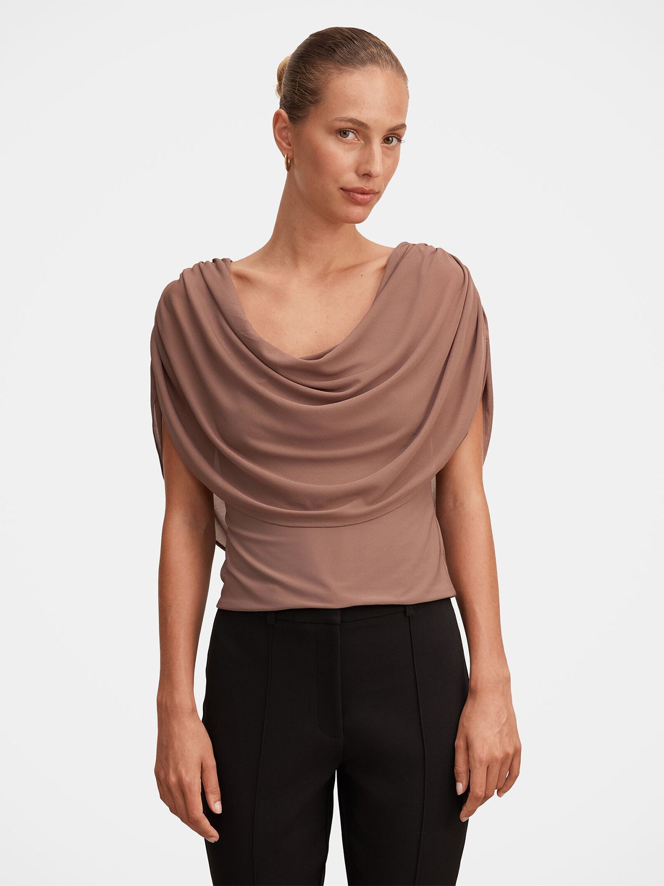 Olivia Draped Mesh Cape Blouse Brown