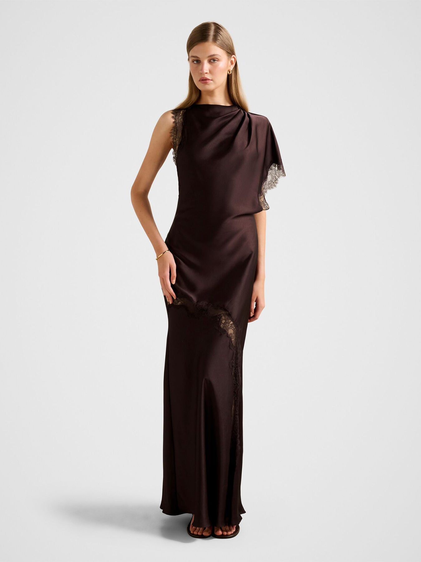 Kody Satin Lace Asymmetric Dress Brown