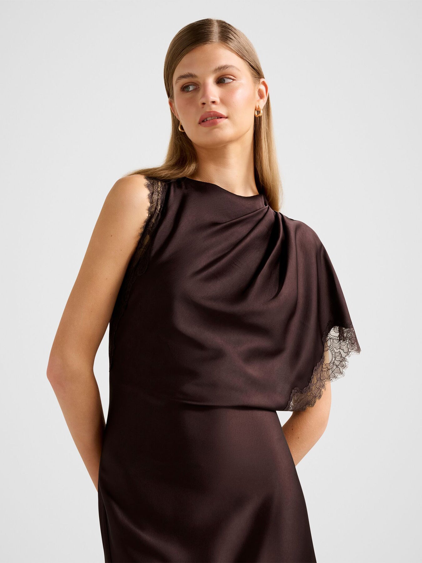 Kody Satin Lace Asymmetric Dress Brown