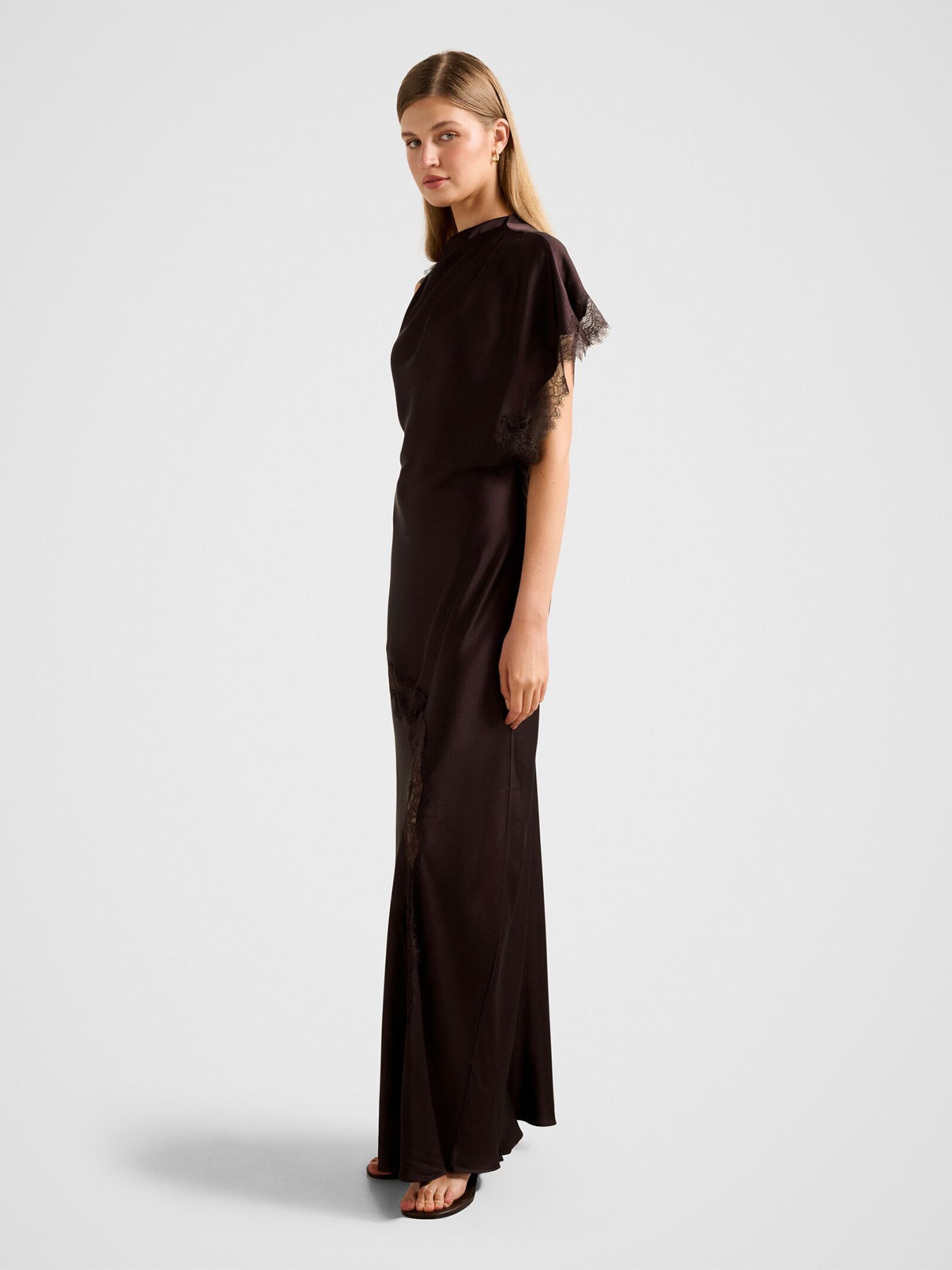 Kody Satin Lace Asymmetric Dress Brown