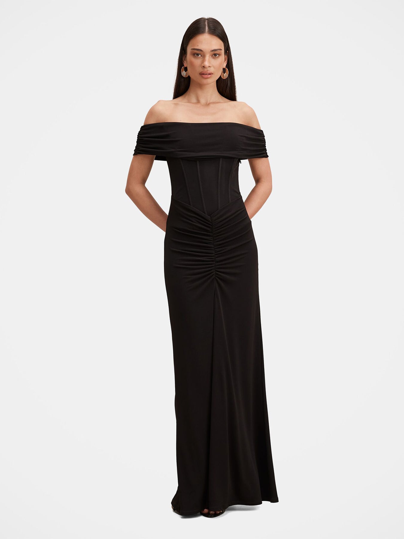 Ania Ruched Bardot Maxi Dress Black