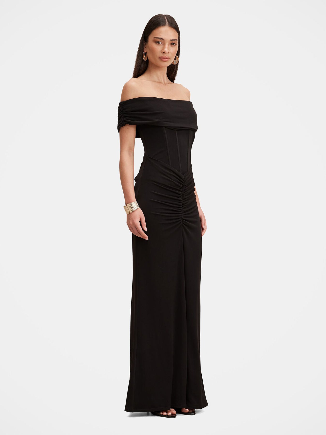 Ania Ruched Bardot Maxi Dress Black