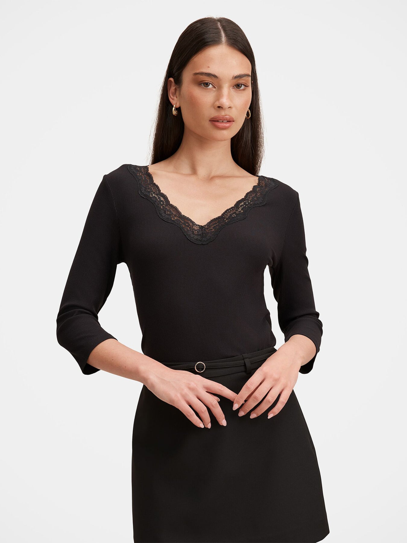 Selena Lace Trim 3/4 Sleeve Top Black