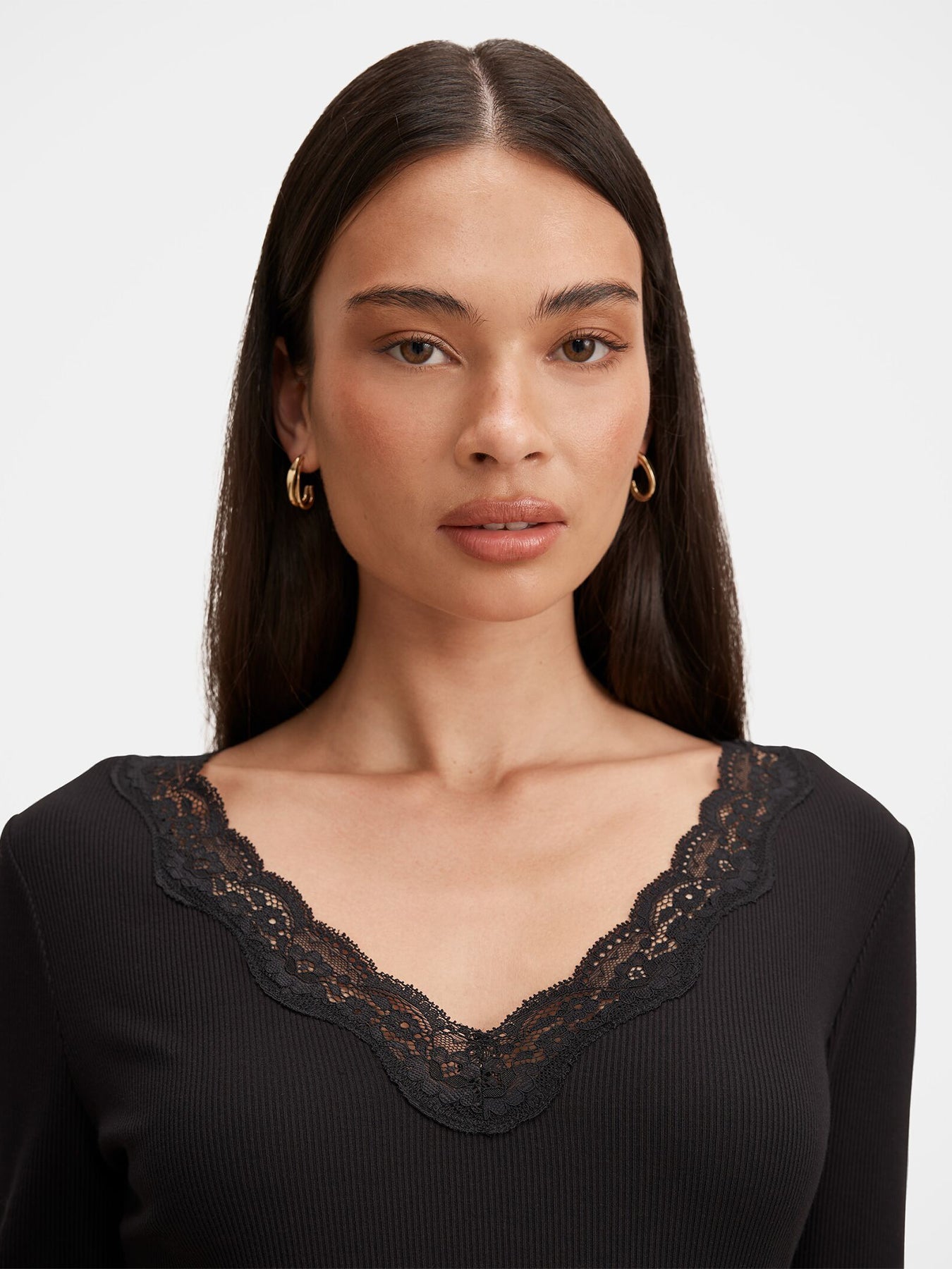 Selena Lace Trim 3/4 Sleeve Top Black