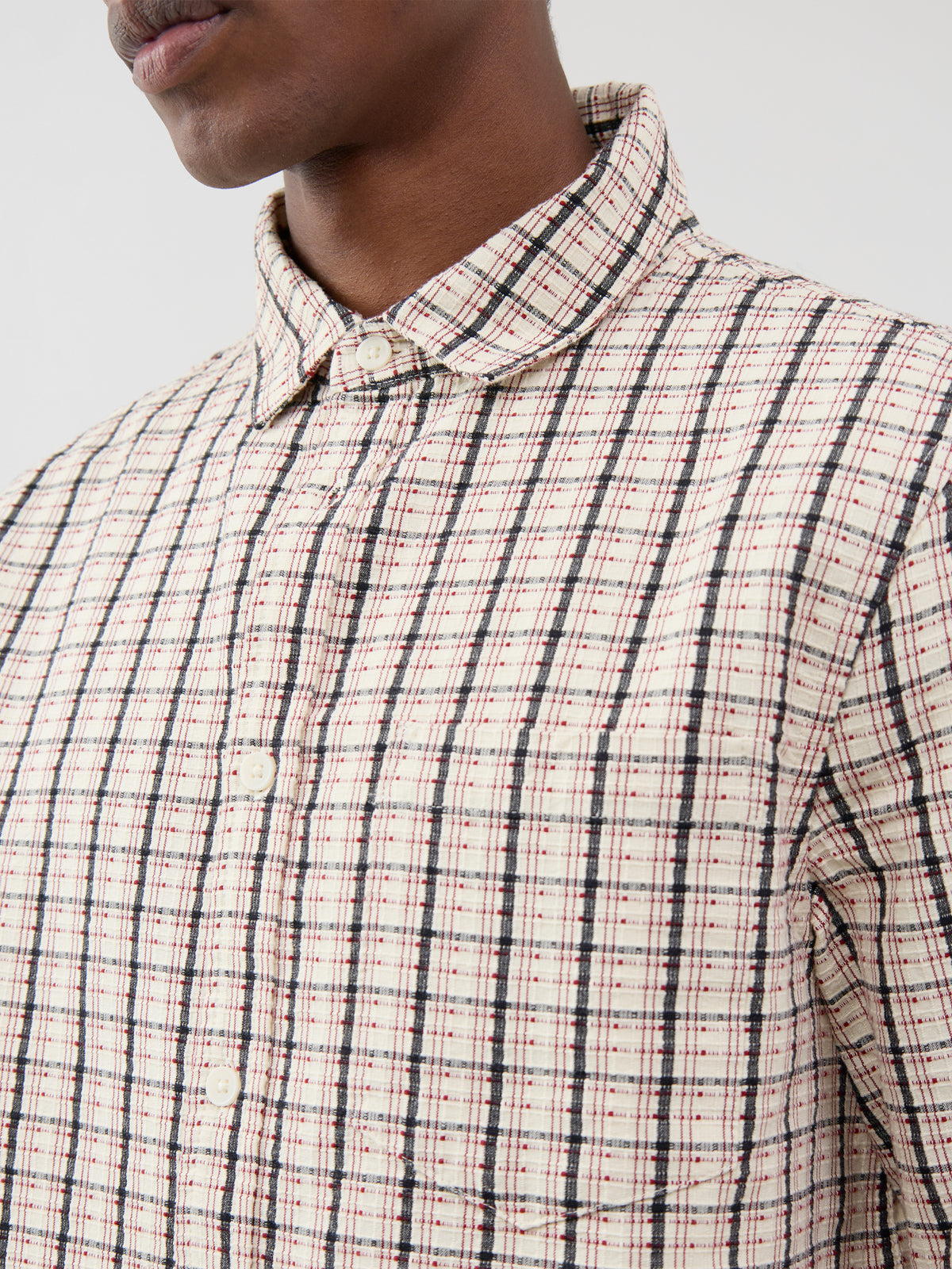 Cotton Shelly Dobby Check Long-Sleeved Shirt - Ecru / Red