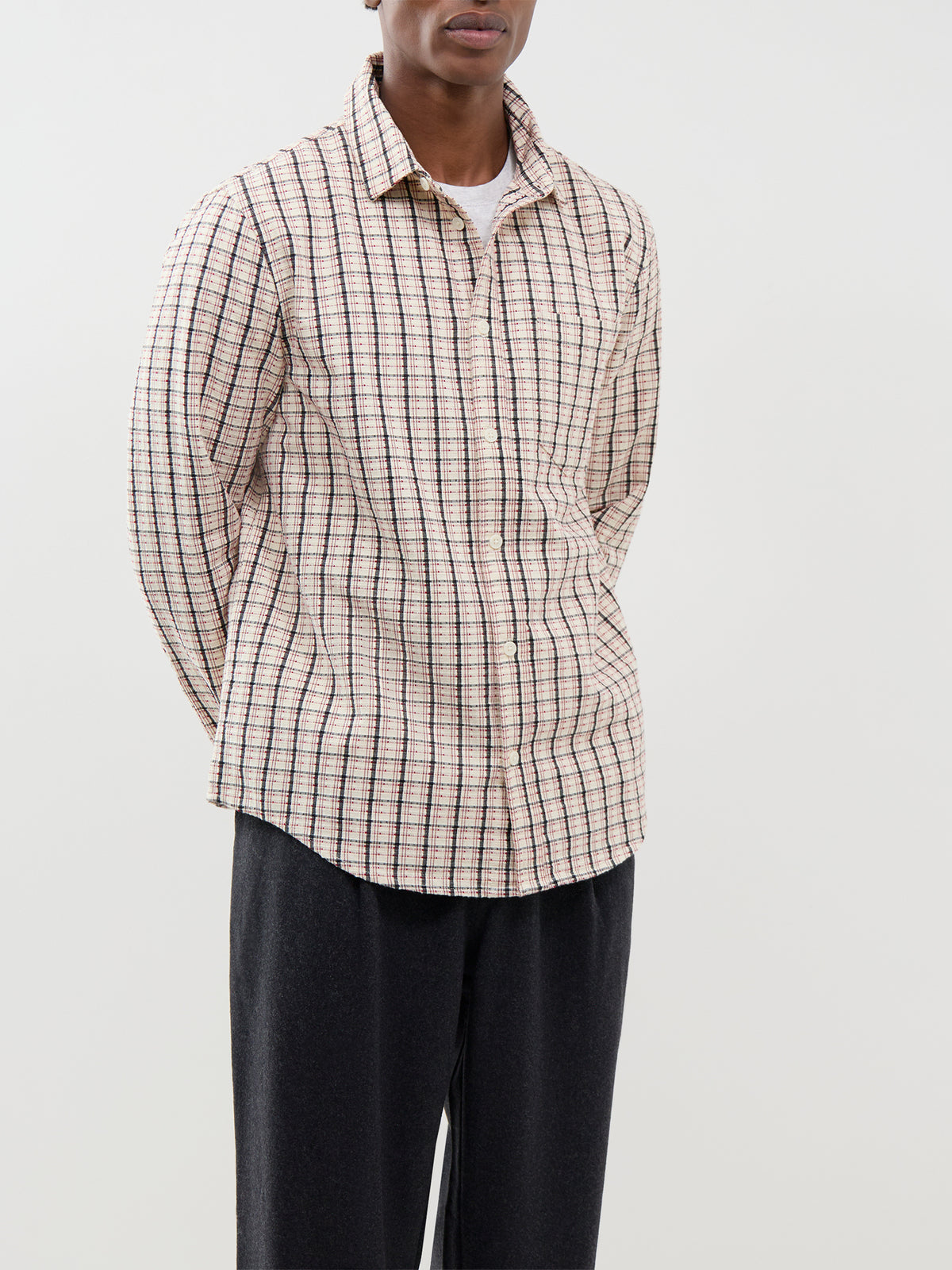 Cotton Shelly Dobby Check Long-Sleeved Shirt - Ecru / Red