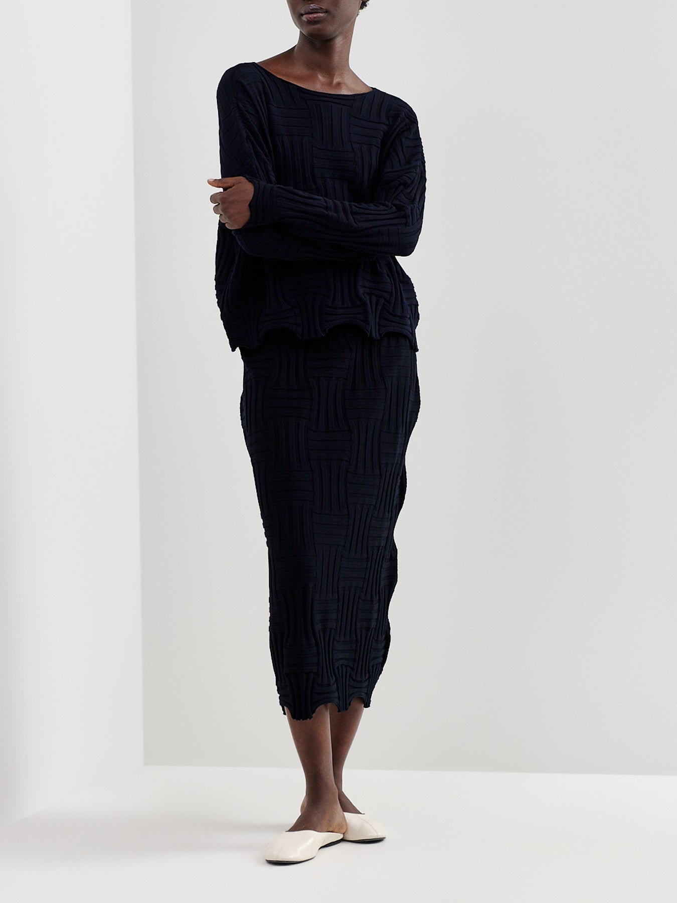 Stretch-Knit Midi Skirt Navy