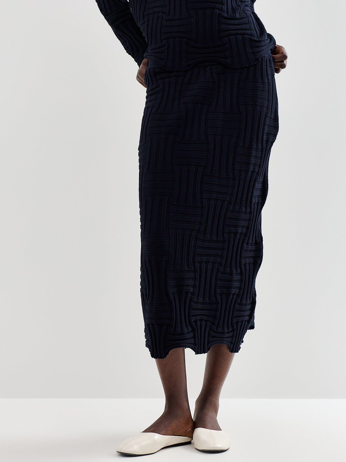 Stretch-Knit Midi Skirt Navy