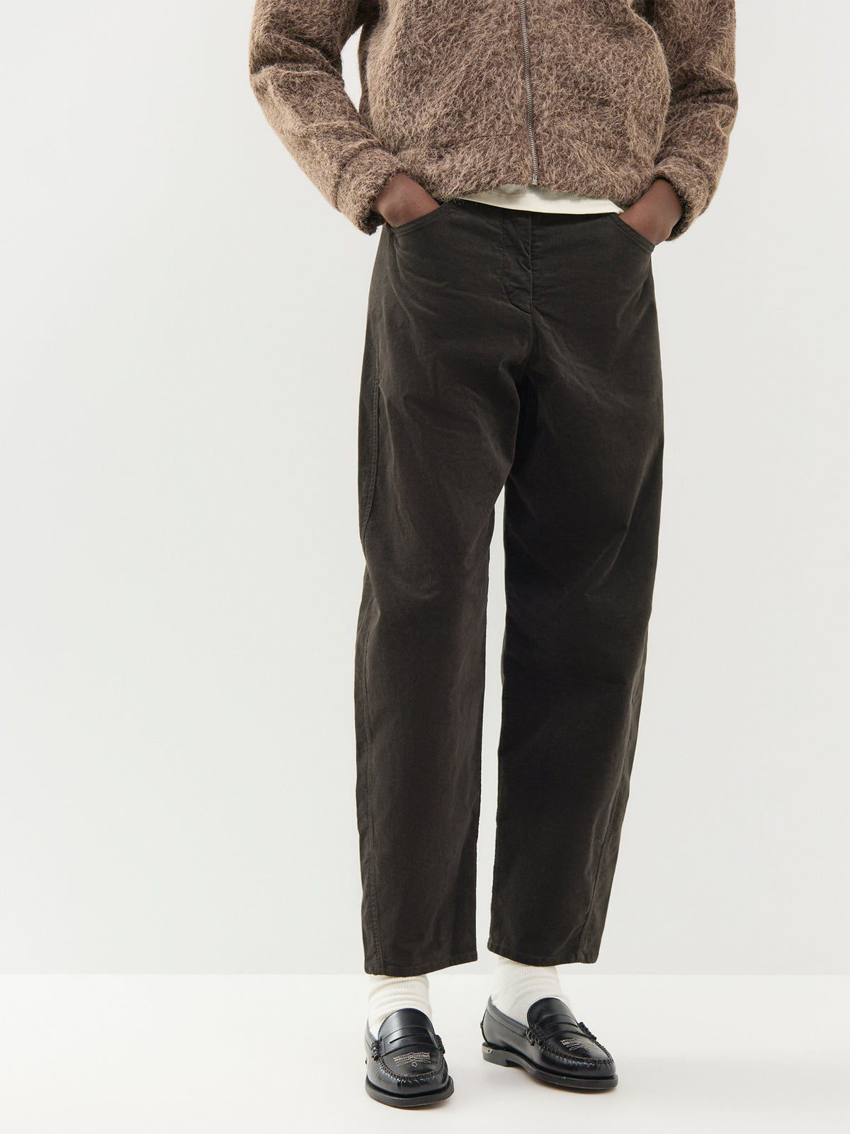 Cotton Velvet Tapered Leg Trousers - Choco