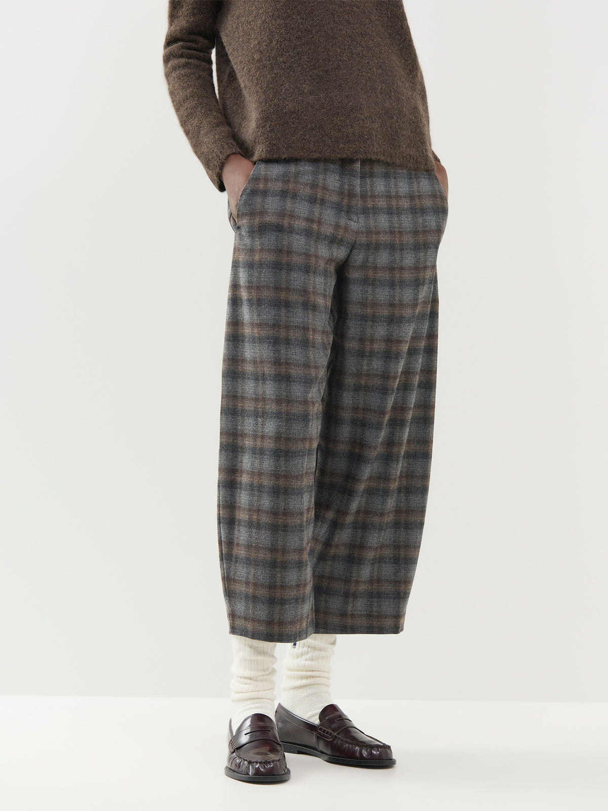 Virgin Wool Blend Cropped Check Barrel Trousers - Choco