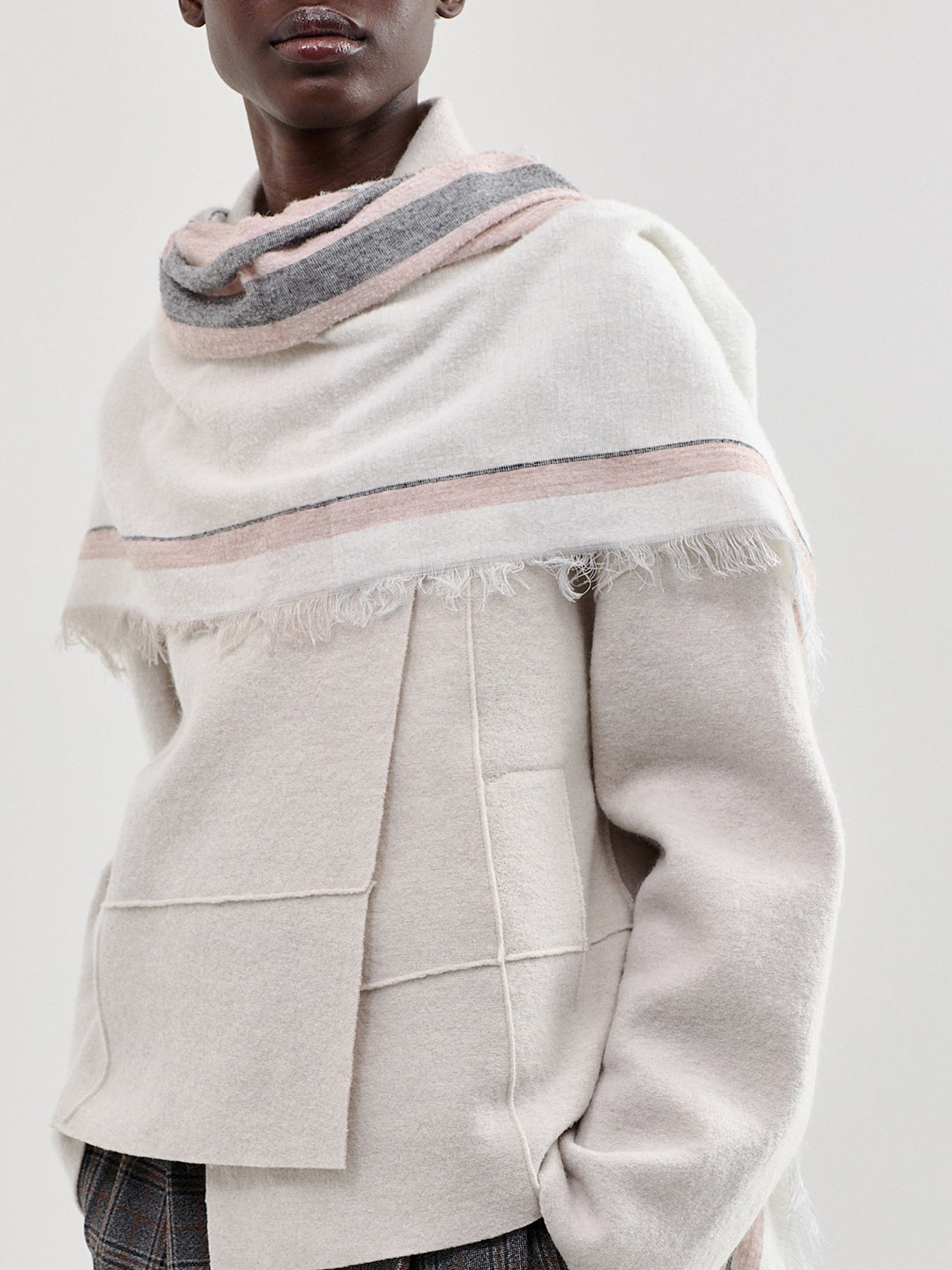 Quartz And Ecru Wool-Blend Striped Scarf