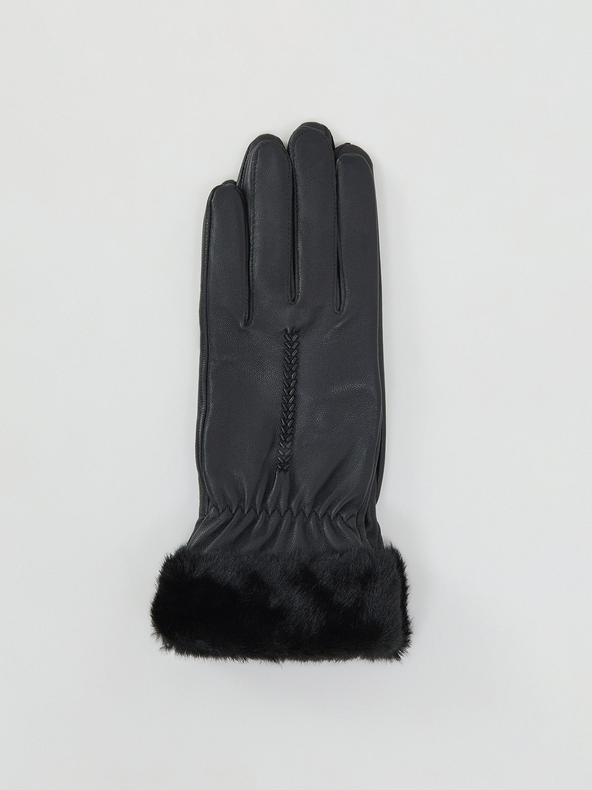 Leather Nieve Faux Fur Cuff Gloves - Black