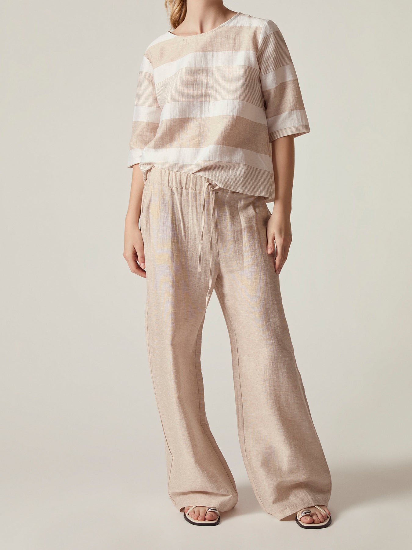 Striped Linen Blend Top Beige