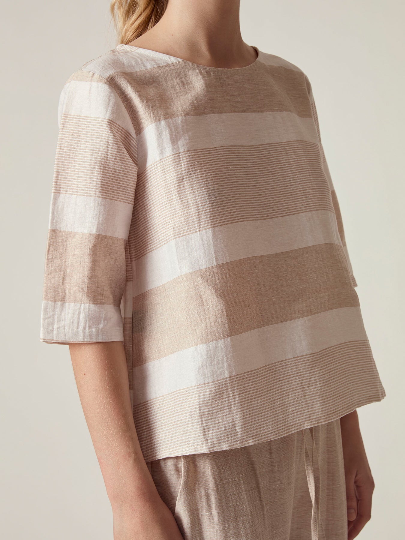 Striped Linen Blend Top Beige