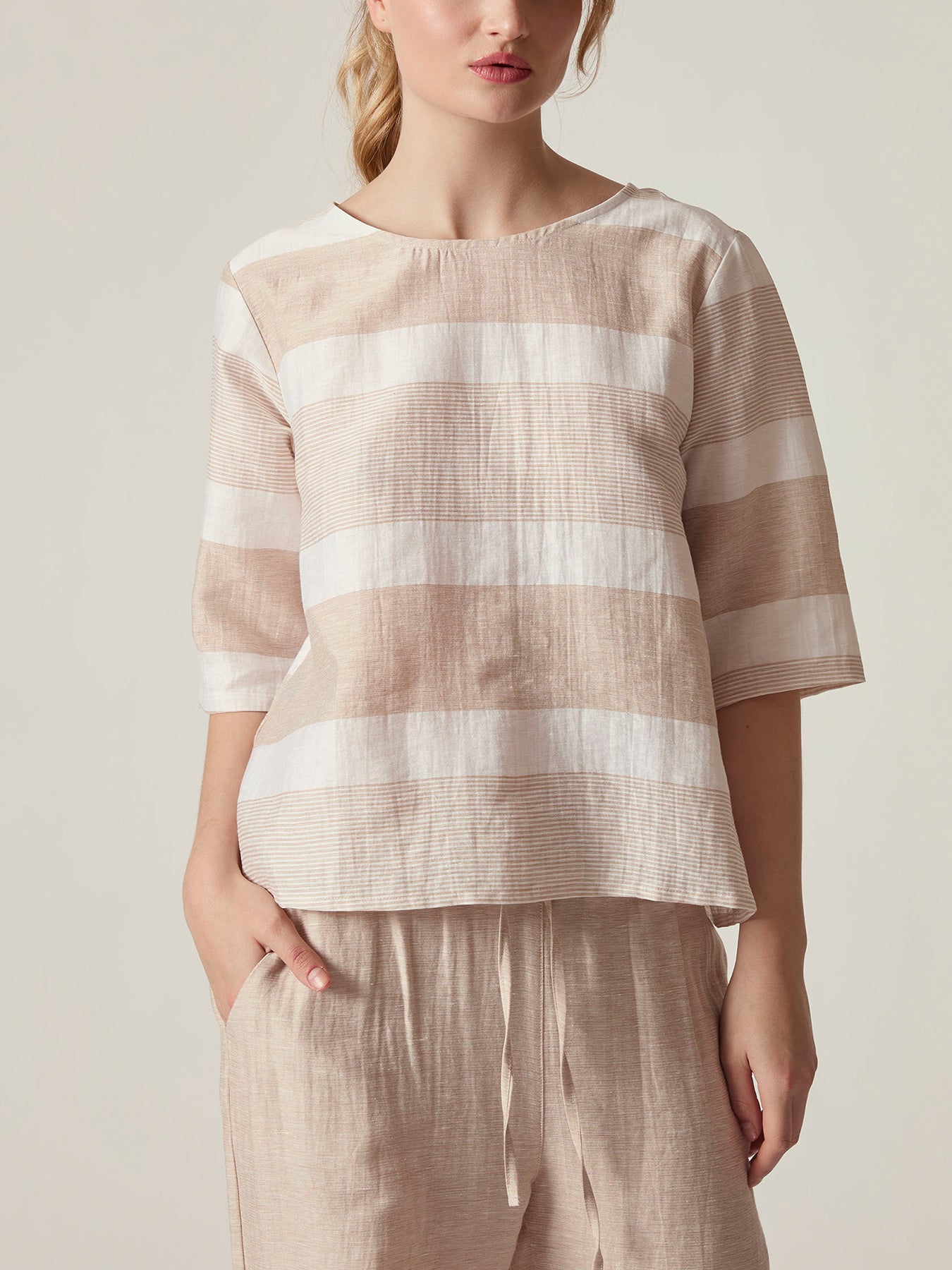 Striped Linen Blend Top Beige