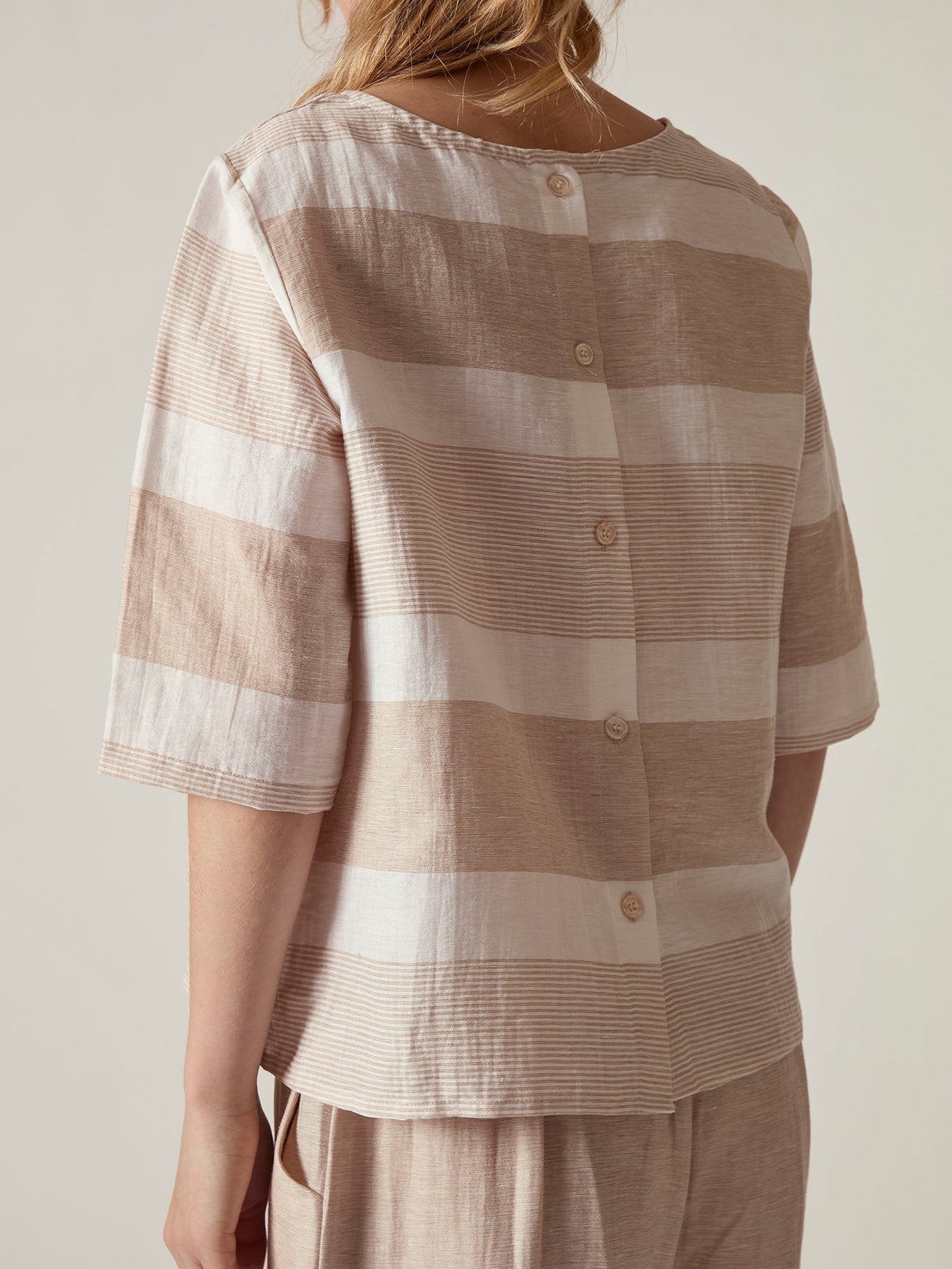 Striped Linen Blend Top Beige