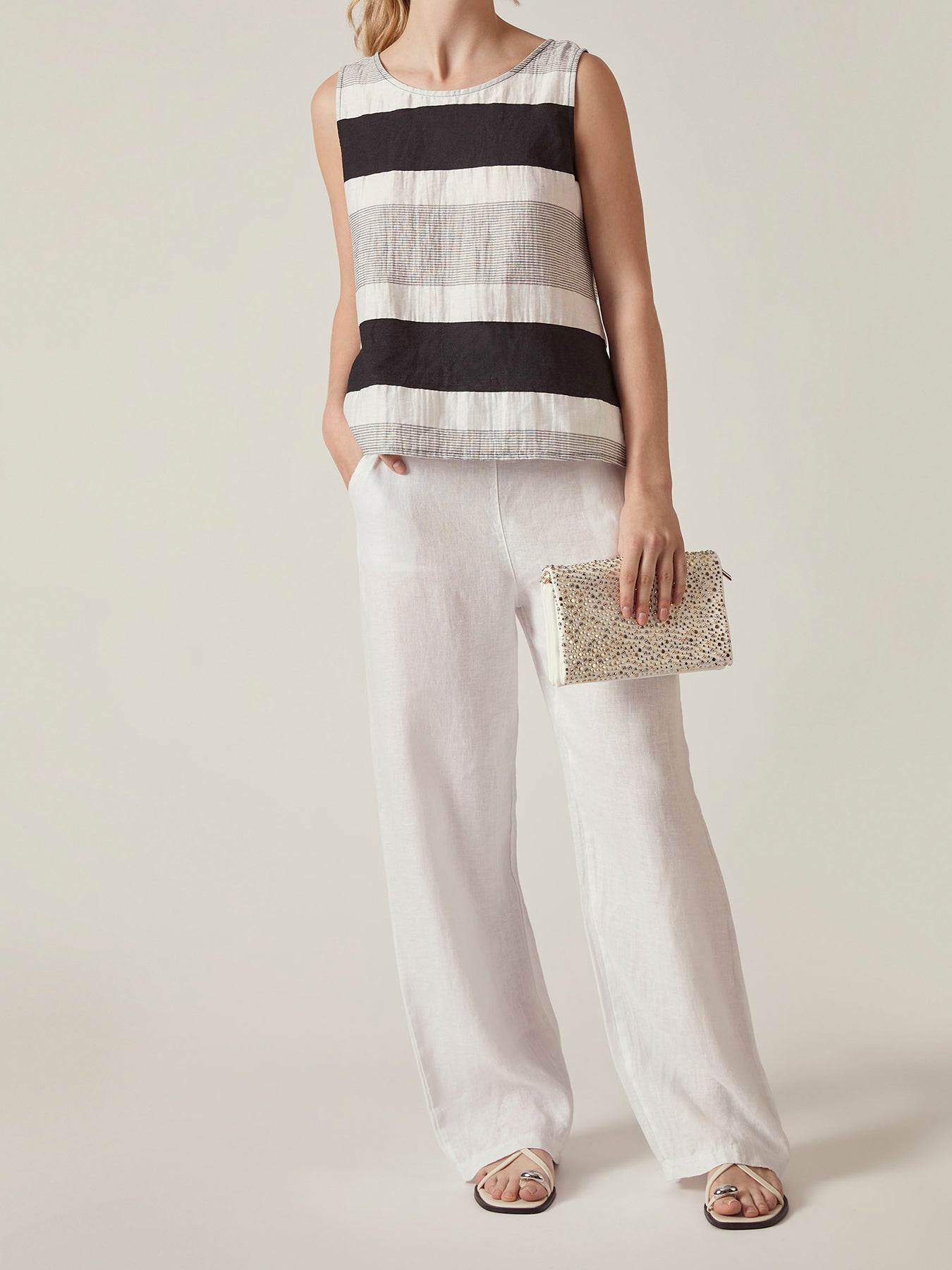 Holiday Striped Linen Blend Top Black