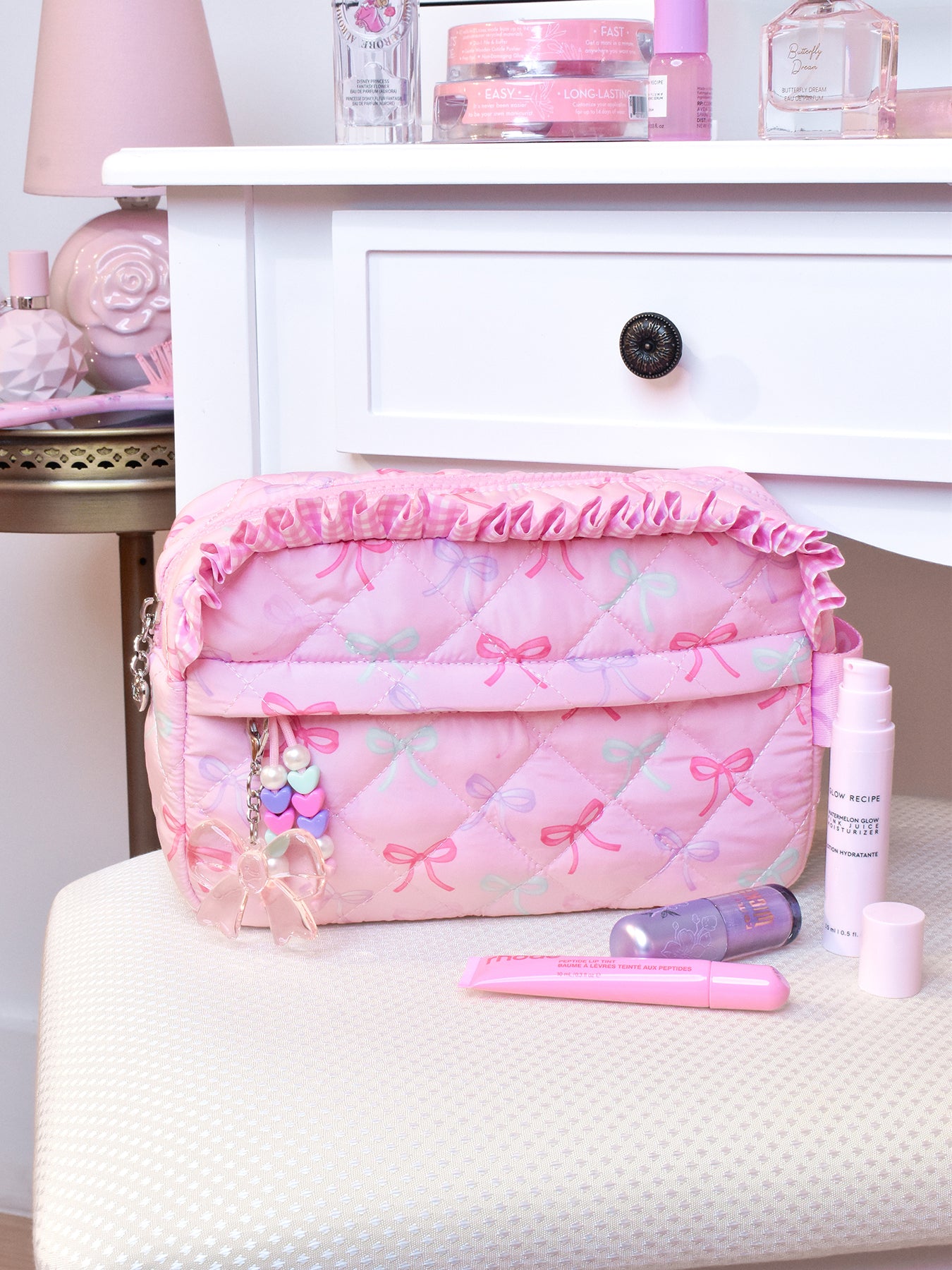 Kids' Bow Quilted Pouch with Charm Pink