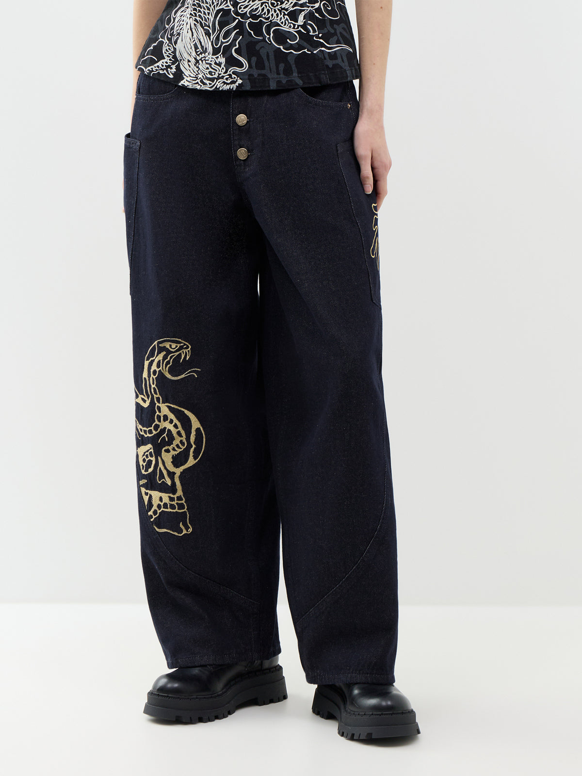 Golden Snake  Cotton Barrel Leg Jeans