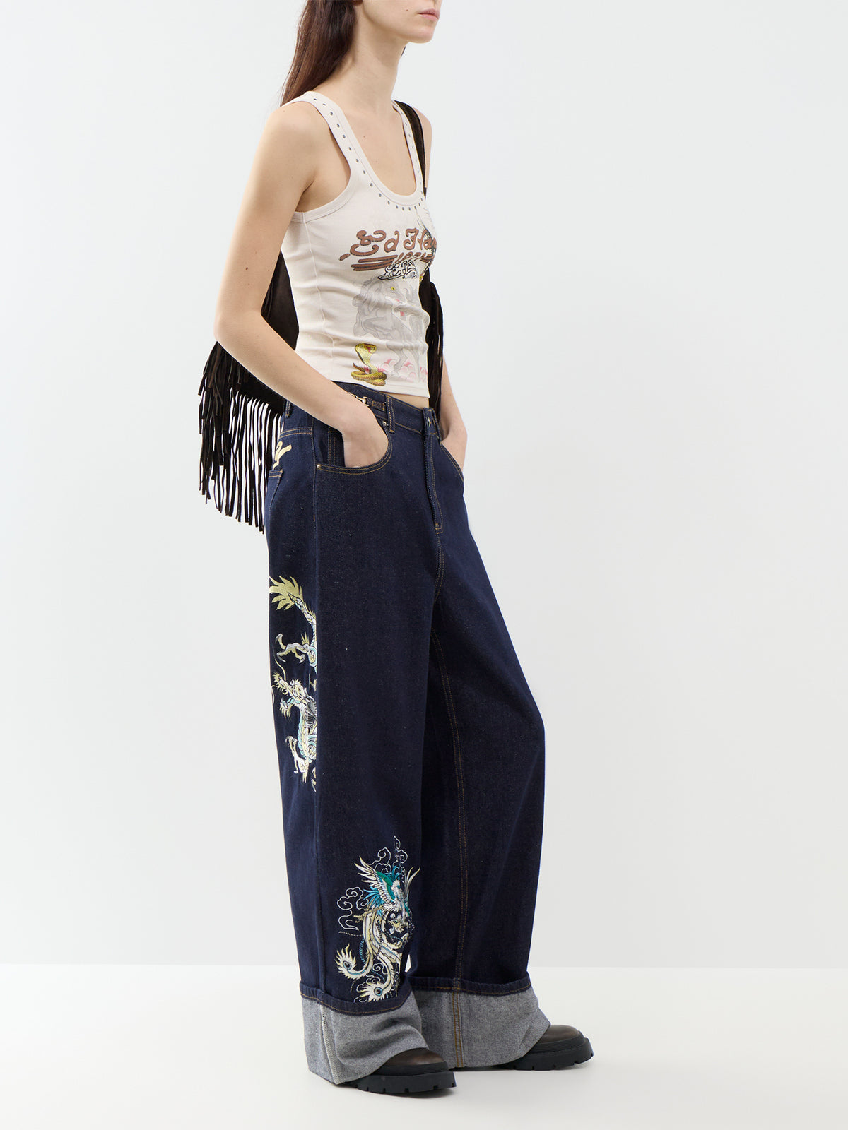 Dancing Dragon  Cotton Wide Leg Jeans