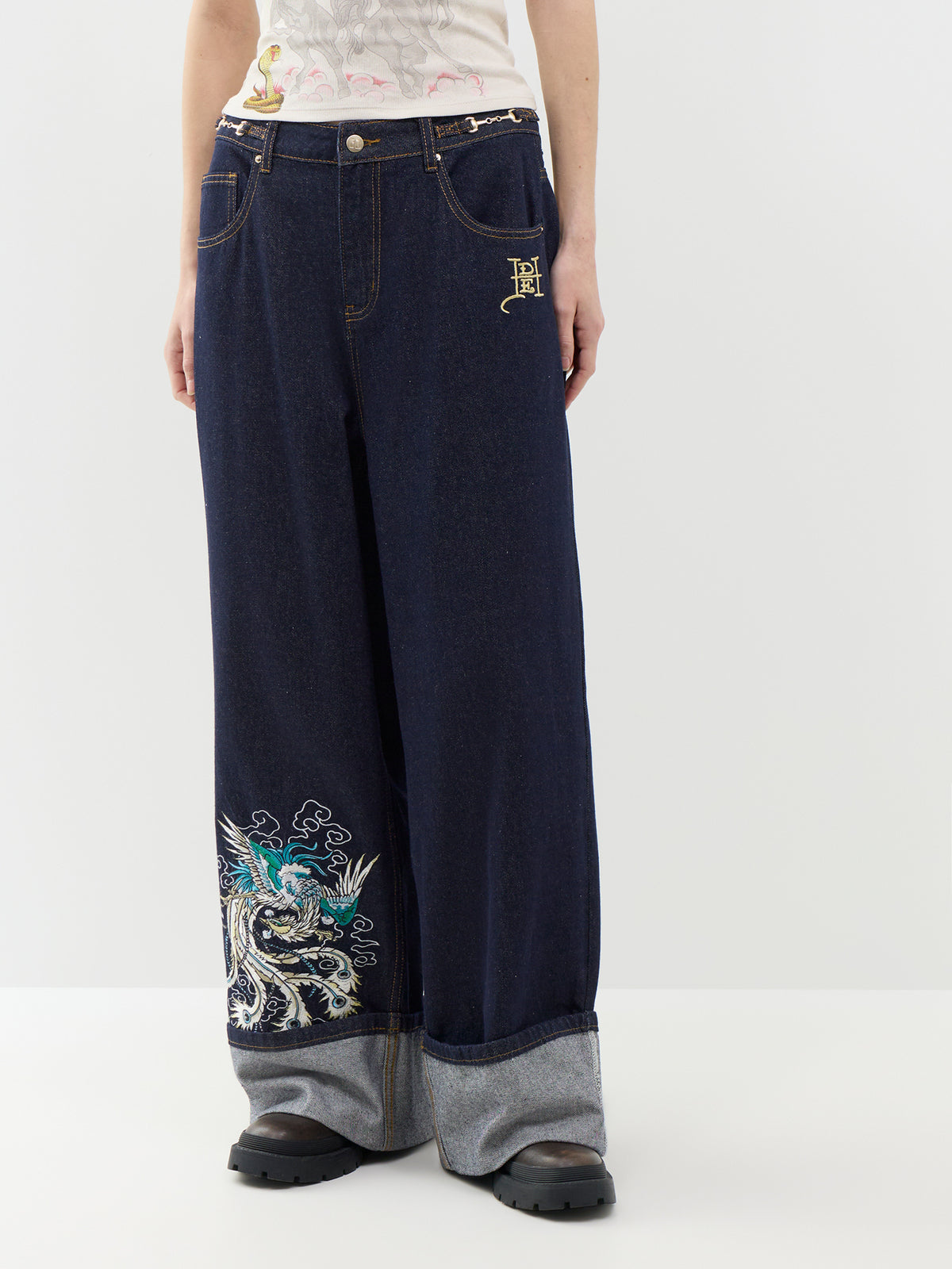 Dancing Dragon  Cotton Wide Leg Jeans