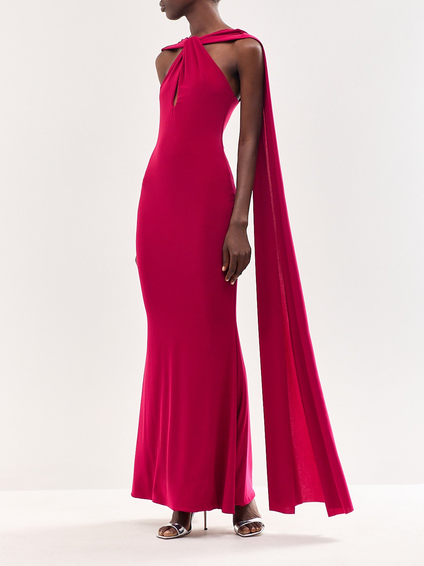 Rhoda Twist Halterneck Cape Maxi Dress Burgundy