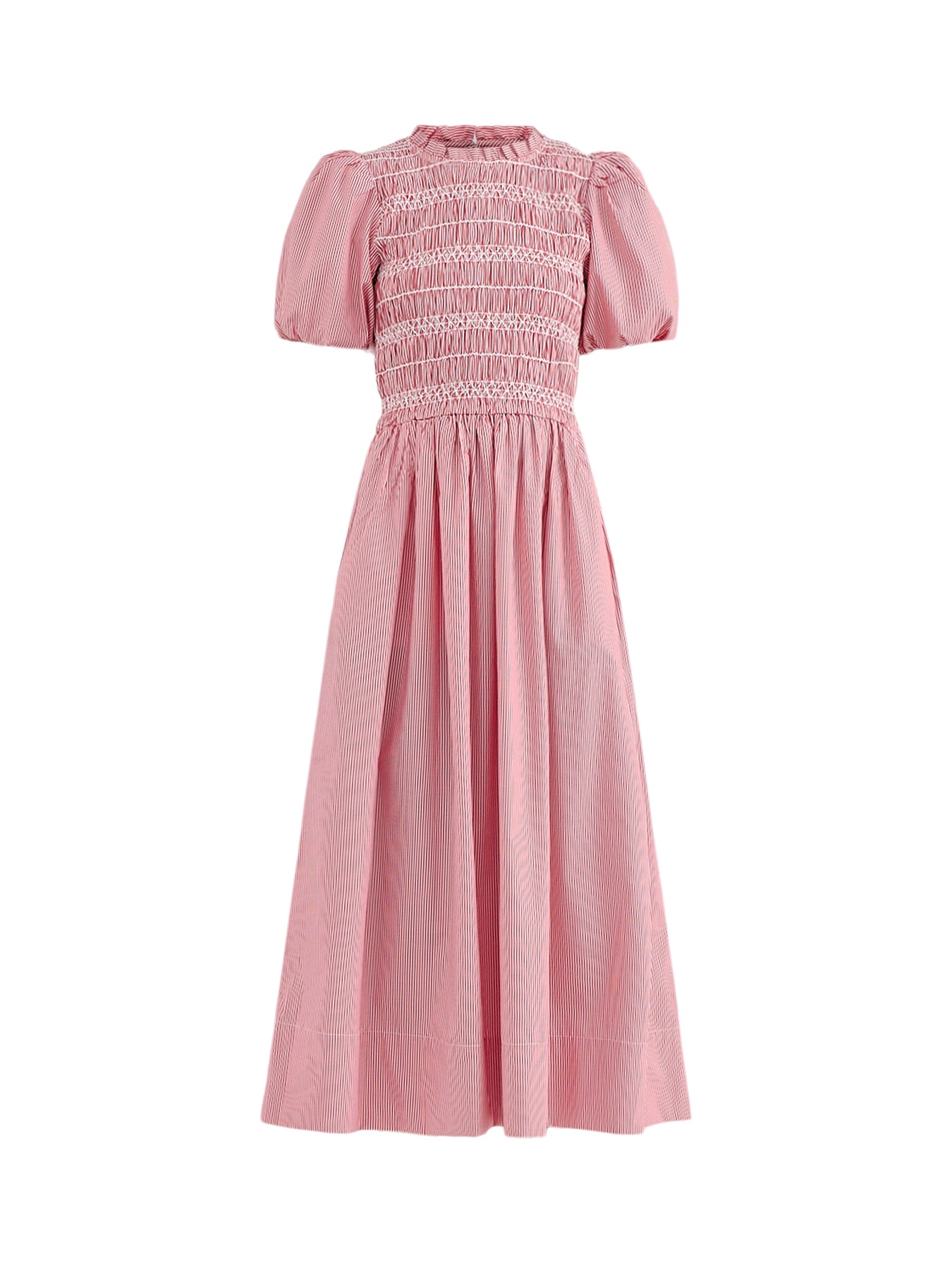Red Stripe Shirred Bodice Midi Dress