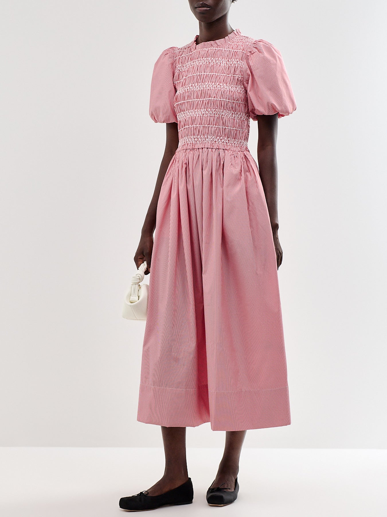 Red Stripe Shirred Bodice Midi Dress